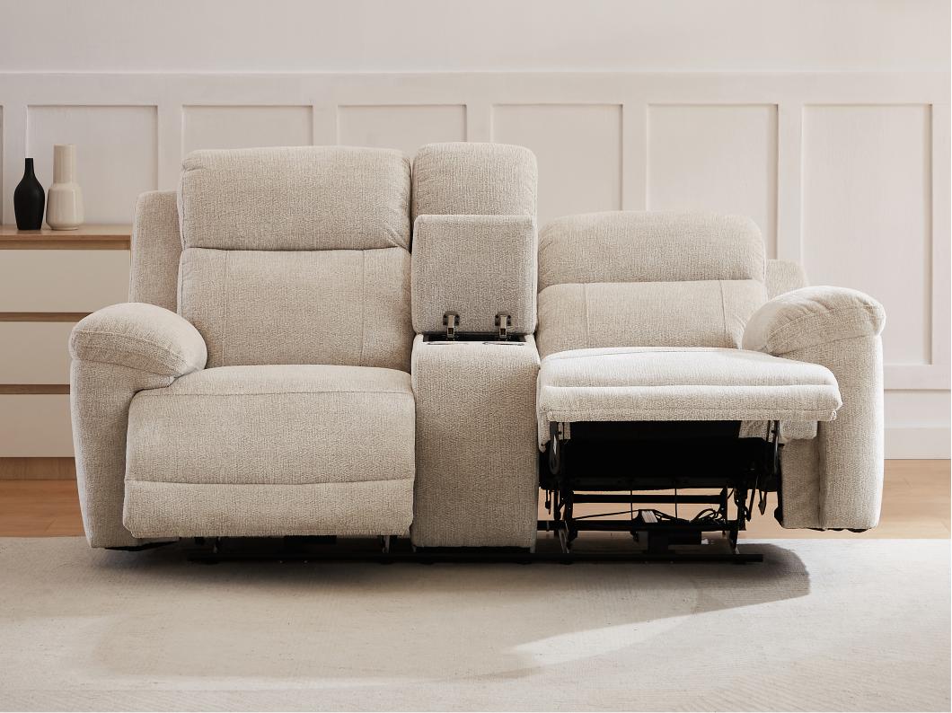 Canapé 2 places relax électrique avec tablette en tissu chiné beige KELUNO