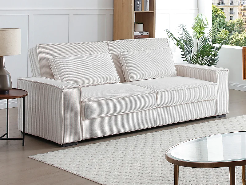 Driezitsslaapbank van beige ribfluweel FINORO