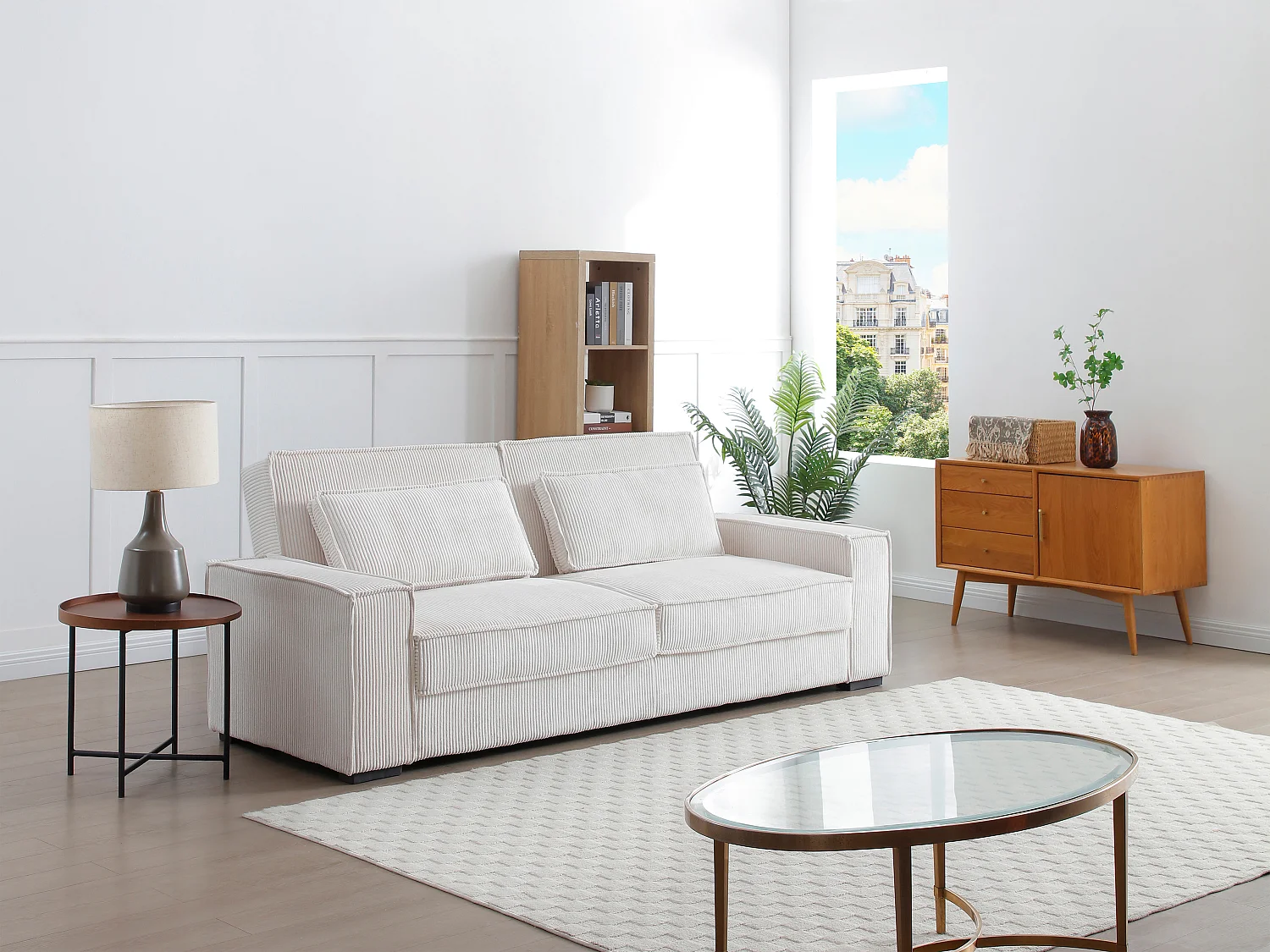 Driezitsslaapbank van beige ribfluweel FINORO