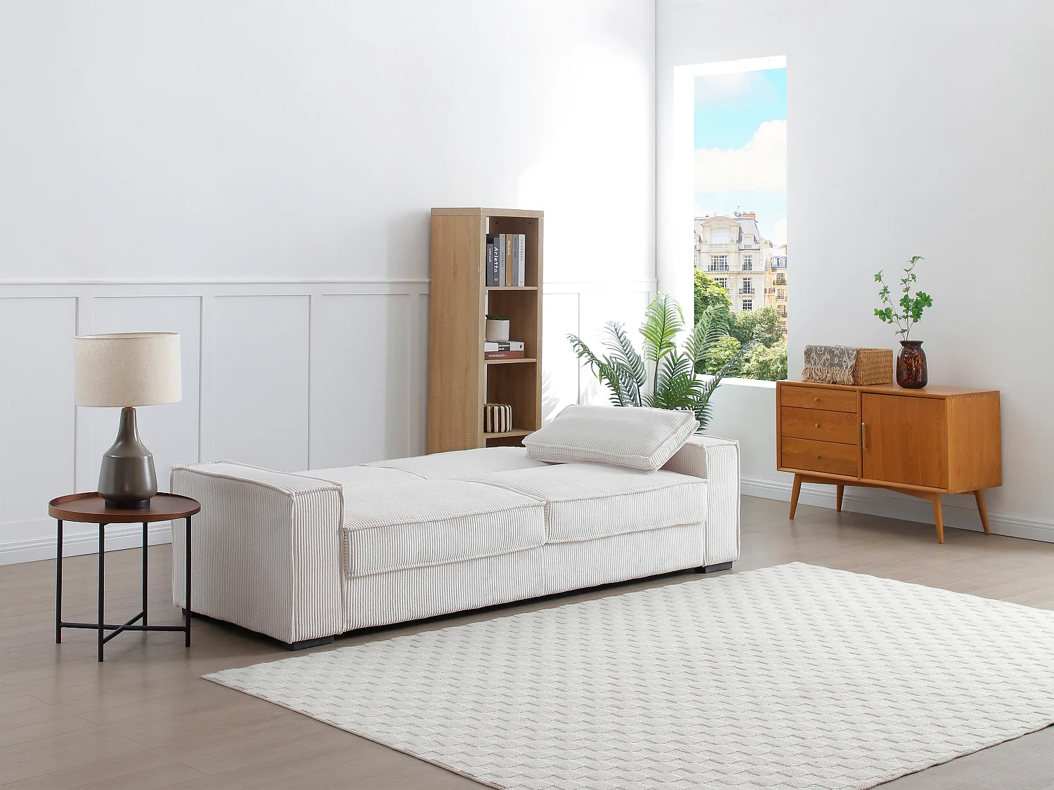 Driezitsslaapbank van beige ribfluweel FINORO