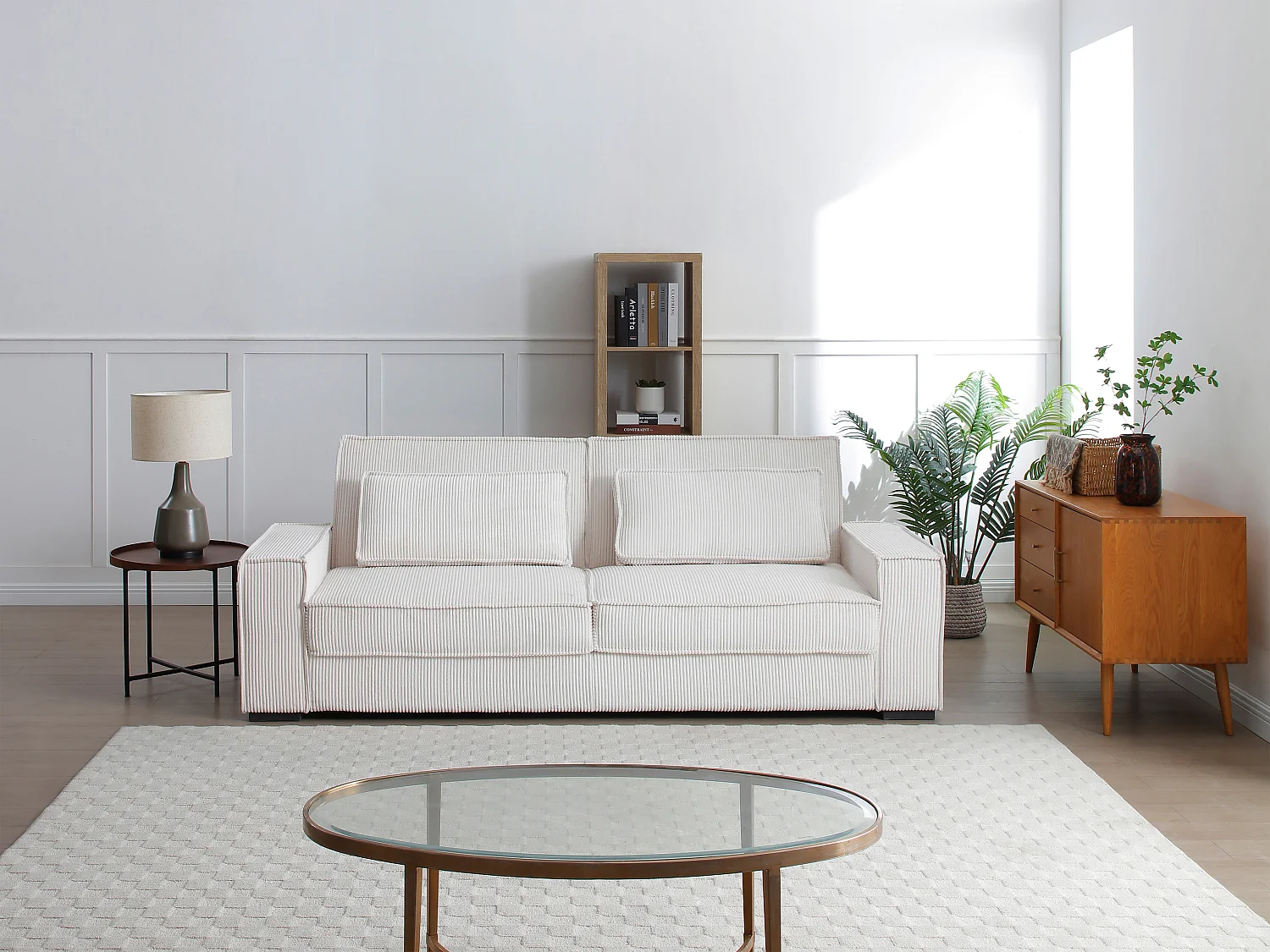 Driezitsslaapbank van beige ribfluweel FINORO