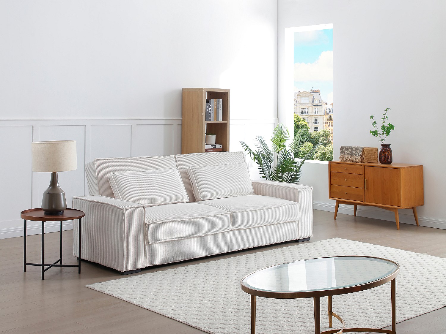 Sofa 3-Sitzer mit Schlaffunktion - Cord - Beige - FINORO günstig online kaufen