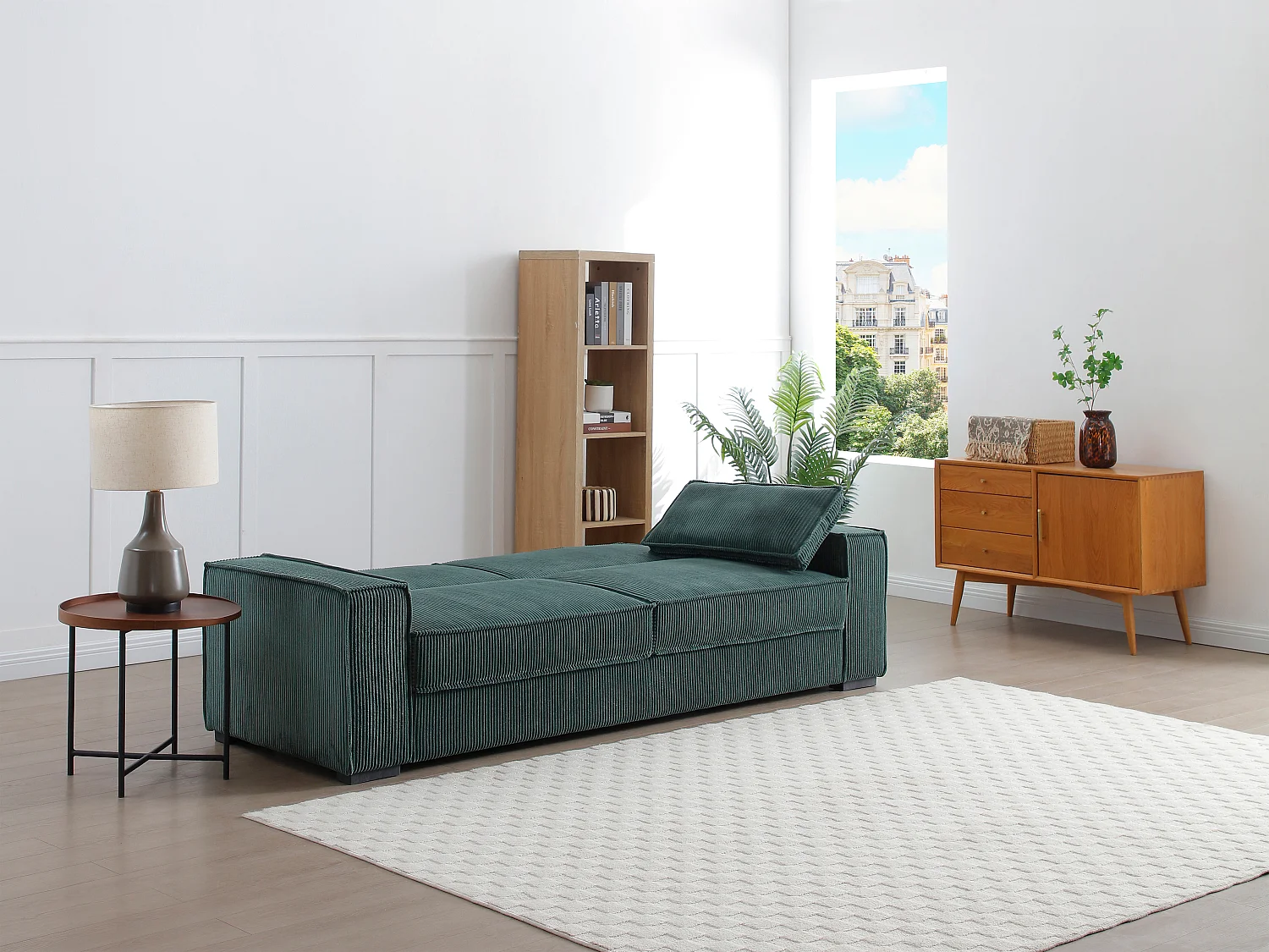 Canapé 3 places convertible en velours côtelé vert sapin FINORO
