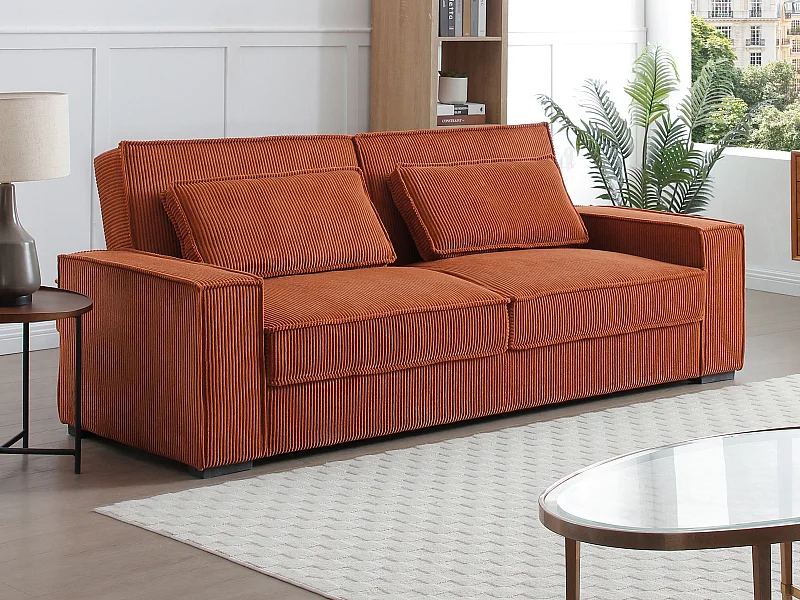 Driezitsslaapbank van terracottakleurig ribfluweel FINORO