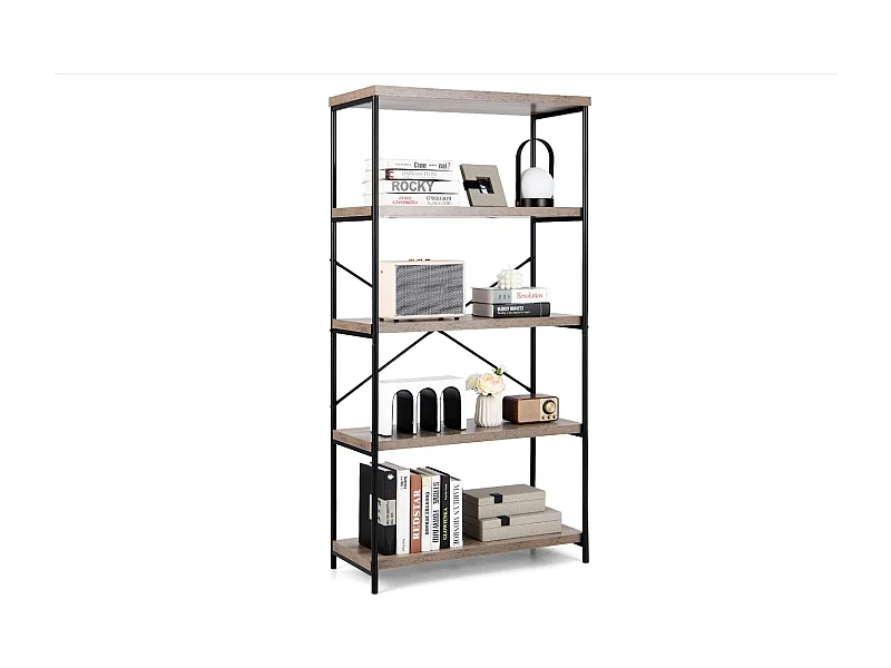 Bibliothèque Étagère à 5 Niveaux, Bibliothèque Industrielle en Bois avec Cadre en Métal, Dispositif Anti-Basculement (Gris)