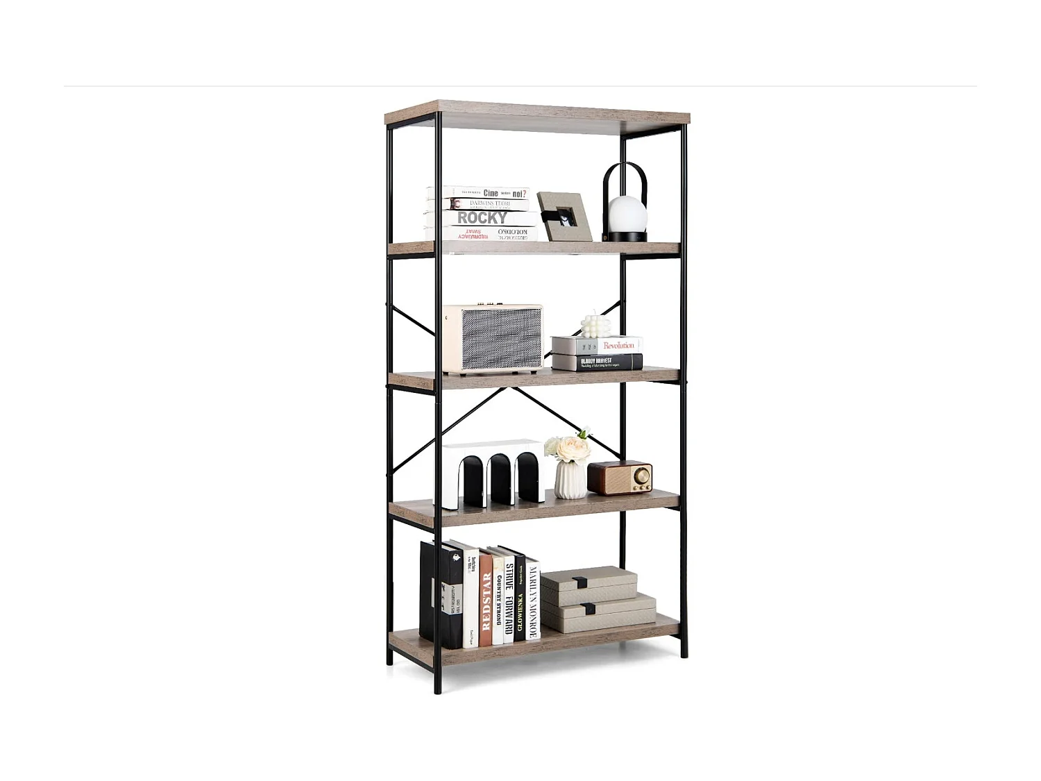 Bibliothèque Étagère à 5 Niveaux, Bibliothèque Industrielle en Bois avec Cadre en Métal, Dispositif Anti-Basculement (Gris)