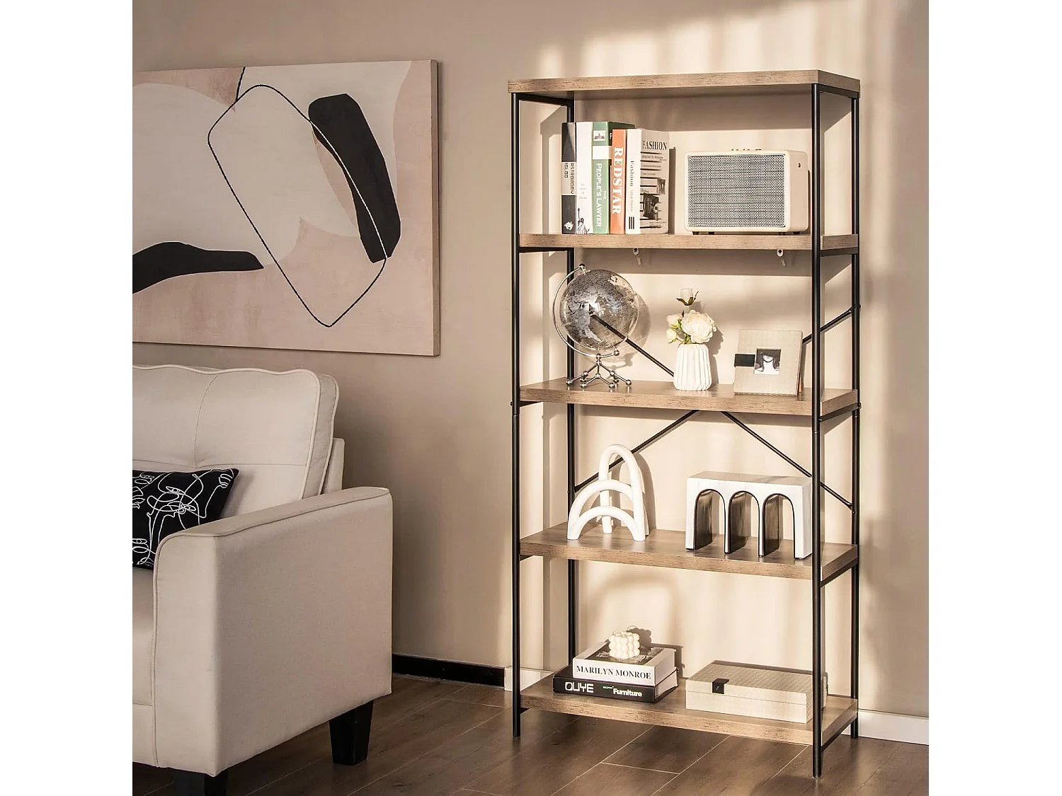 Bibliothèque Étagère à 5 Niveaux, Bibliothèque Industrielle en Bois avec Cadre en Métal, Dispositif Anti-Basculement (Gris)