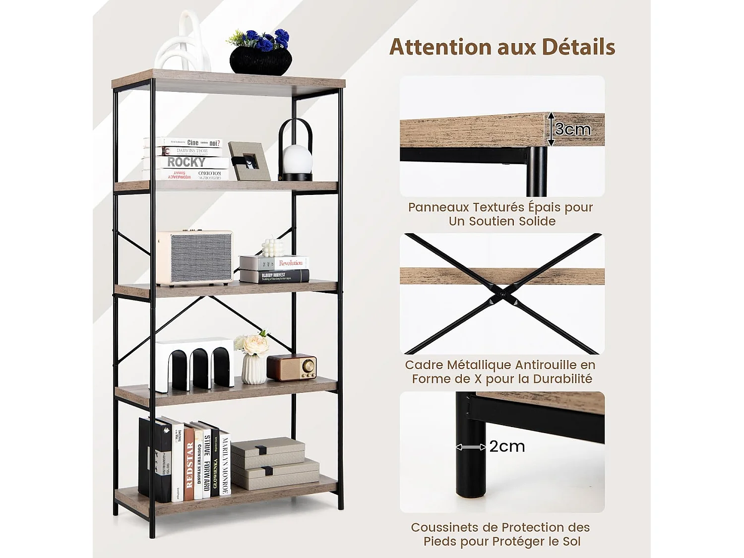 Bibliothèque Étagère à 5 Niveaux, Bibliothèque Industrielle en Bois avec Cadre en Métal, Dispositif Anti-Basculement (Gris)