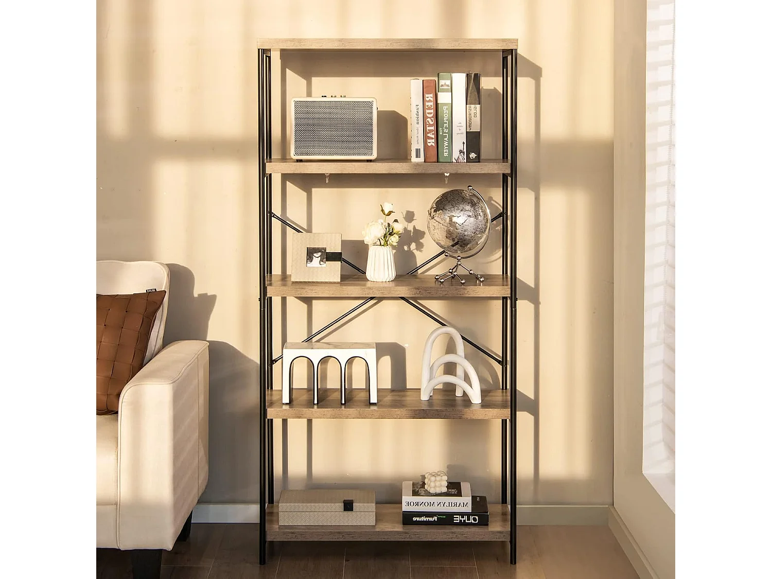 Bibliothèque Étagère à 5 Niveaux, Bibliothèque Industrielle en Bois avec Cadre en Métal, Dispositif Anti-Basculement (Gris)