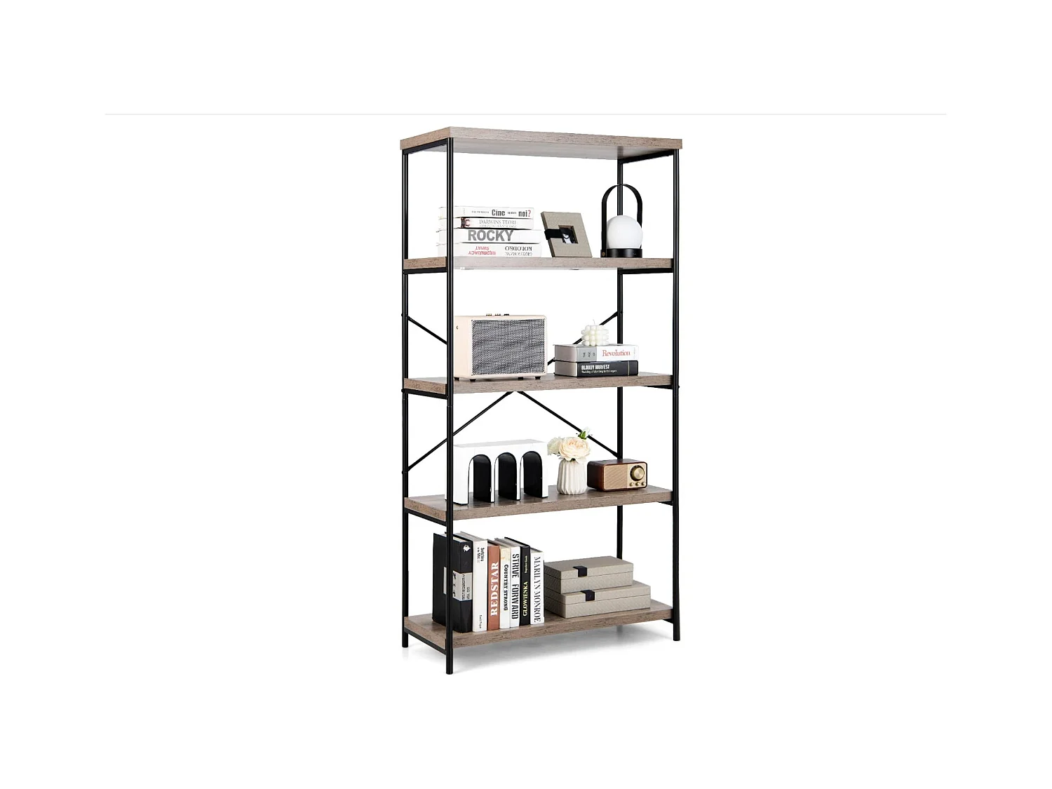 Bibliothèque Étagère à 5 Niveaux, Bibliothèque Industrielle en Bois avec Cadre en Métal, Dispositif Anti-Basculement (Gris)
