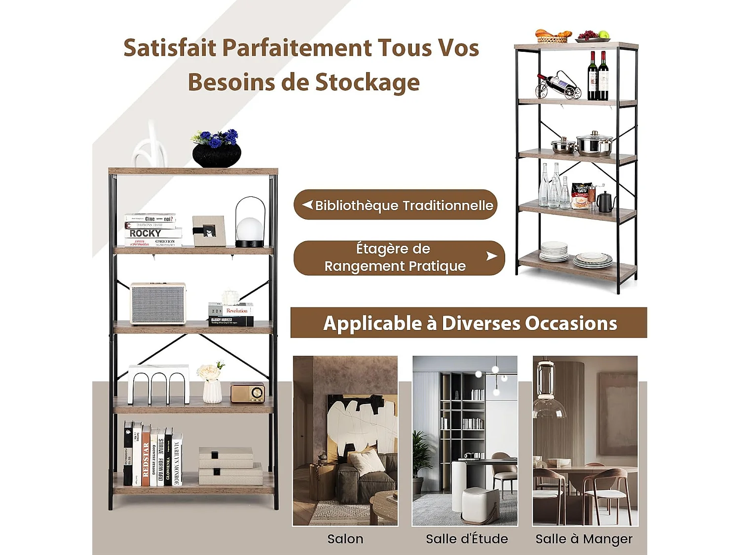 Bibliothèque Étagère à 5 Niveaux, Bibliothèque Industrielle en Bois avec Cadre en Métal, Dispositif Anti-Basculement (Gris)