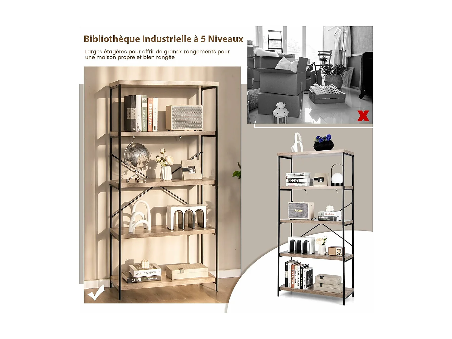 Bibliothèque Étagère à 5 Niveaux, Bibliothèque Industrielle en Bois avec Cadre en Métal, Dispositif Anti-Basculement (Gris)