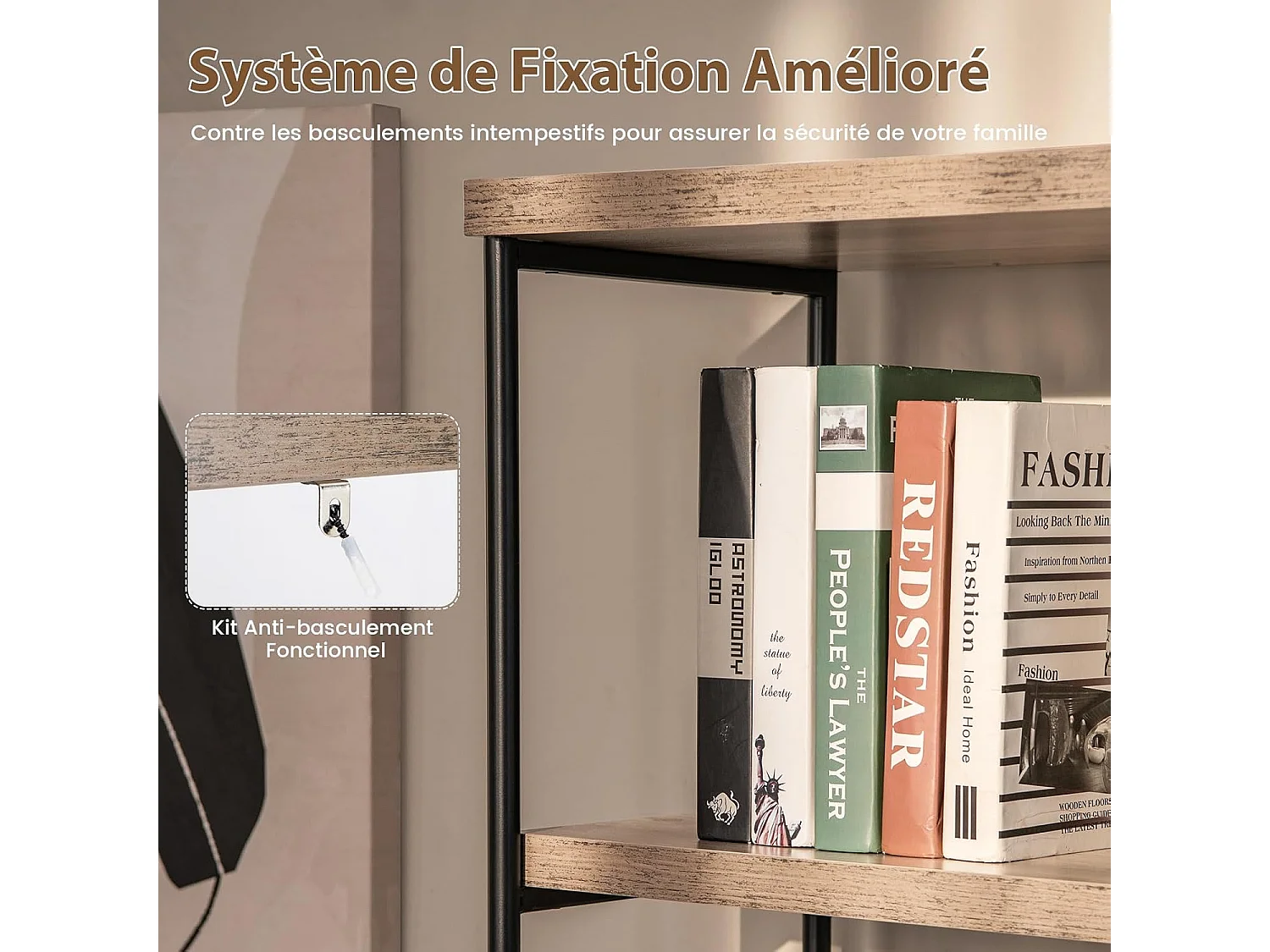 Bibliothèque Étagère à 5 Niveaux, Bibliothèque Industrielle en Bois avec Cadre en Métal, Dispositif Anti-Basculement (Gris)