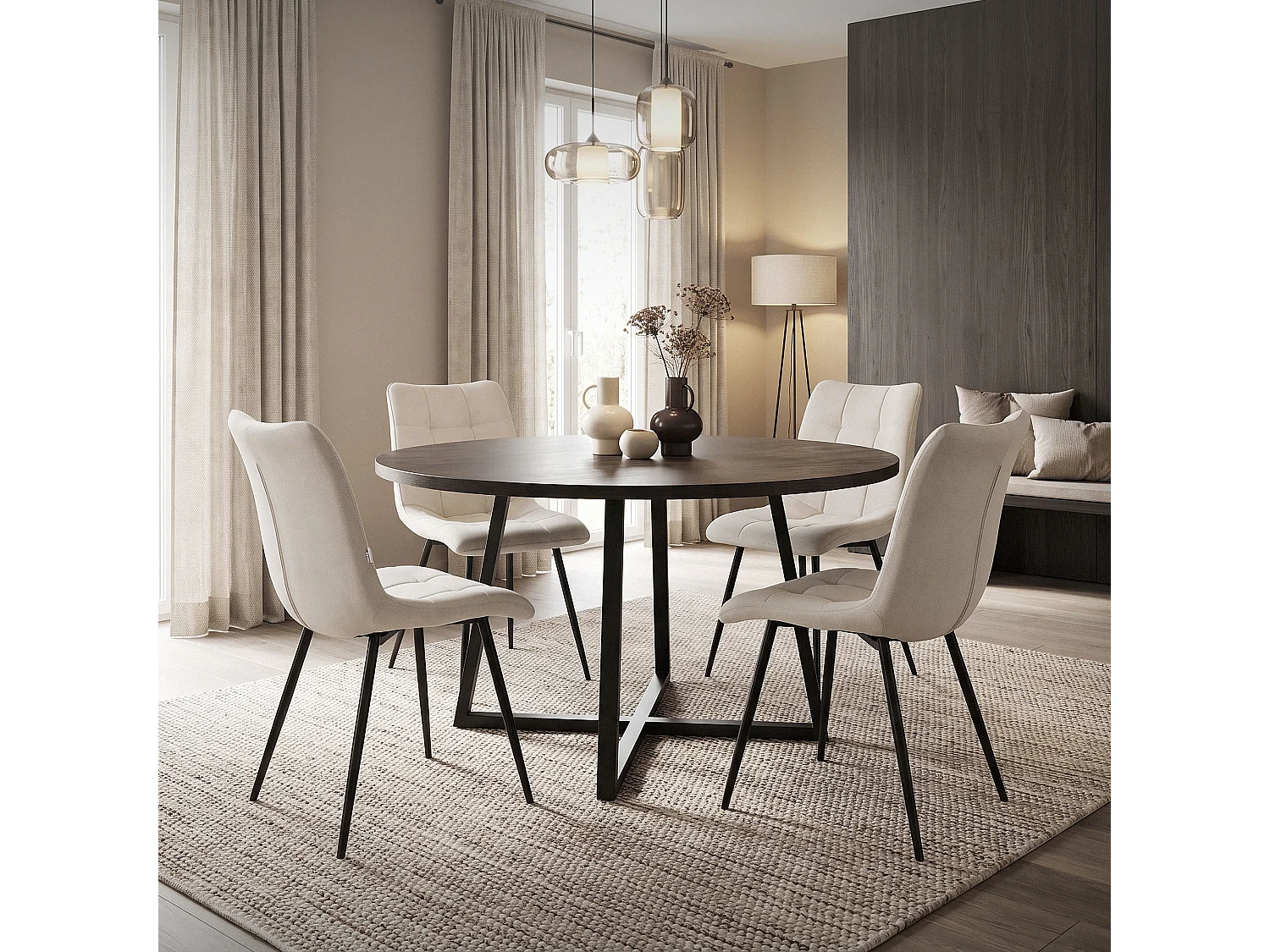 ML-Design Set di 6 pezzi Beige, Sedia da salotto con rivestimento in tessuto e gambe in metallo nero