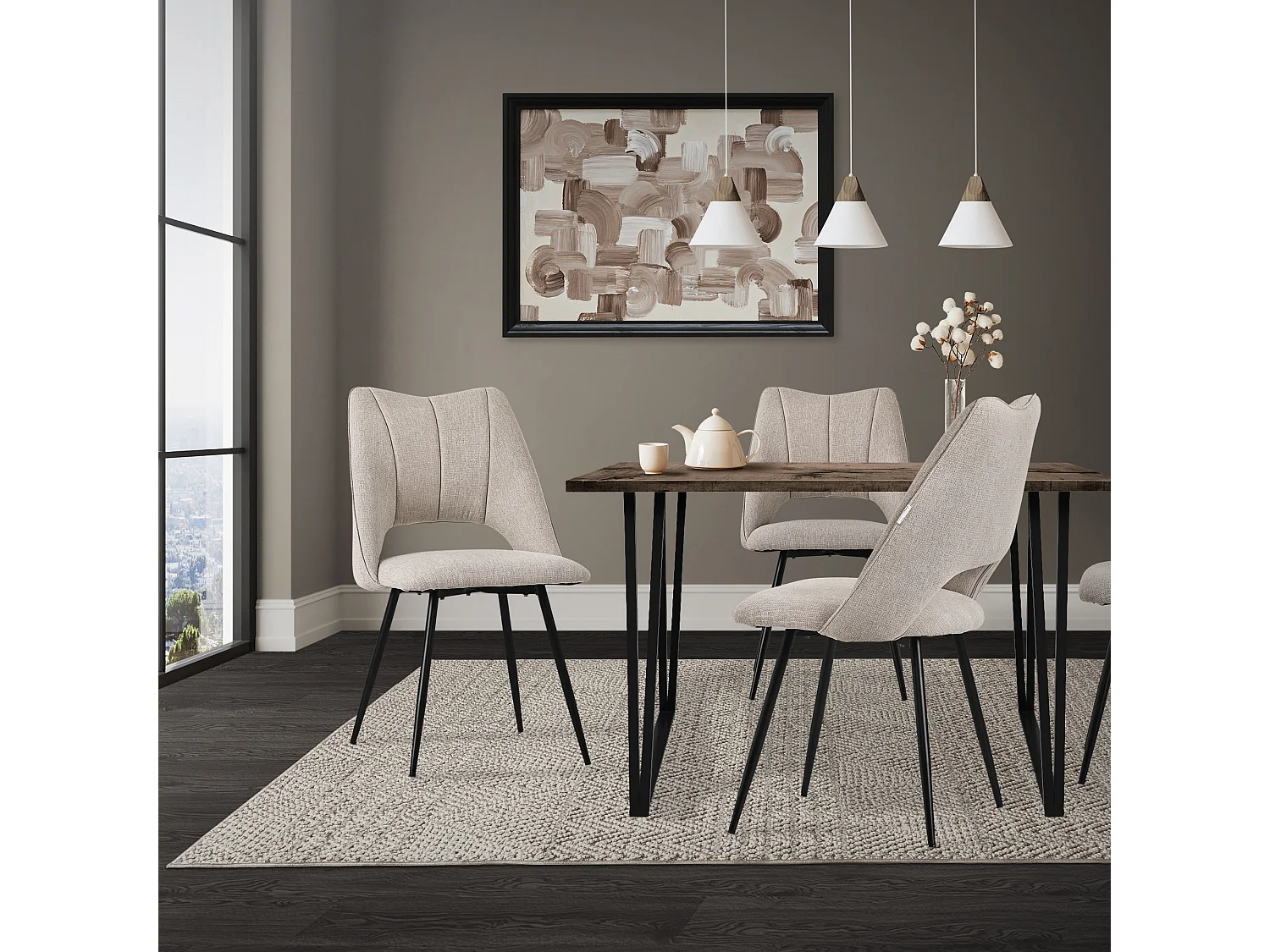 ML-Design Set di 6 sedie da pranzo, Beige, Seduta in poliestere con gambe in metallo nero