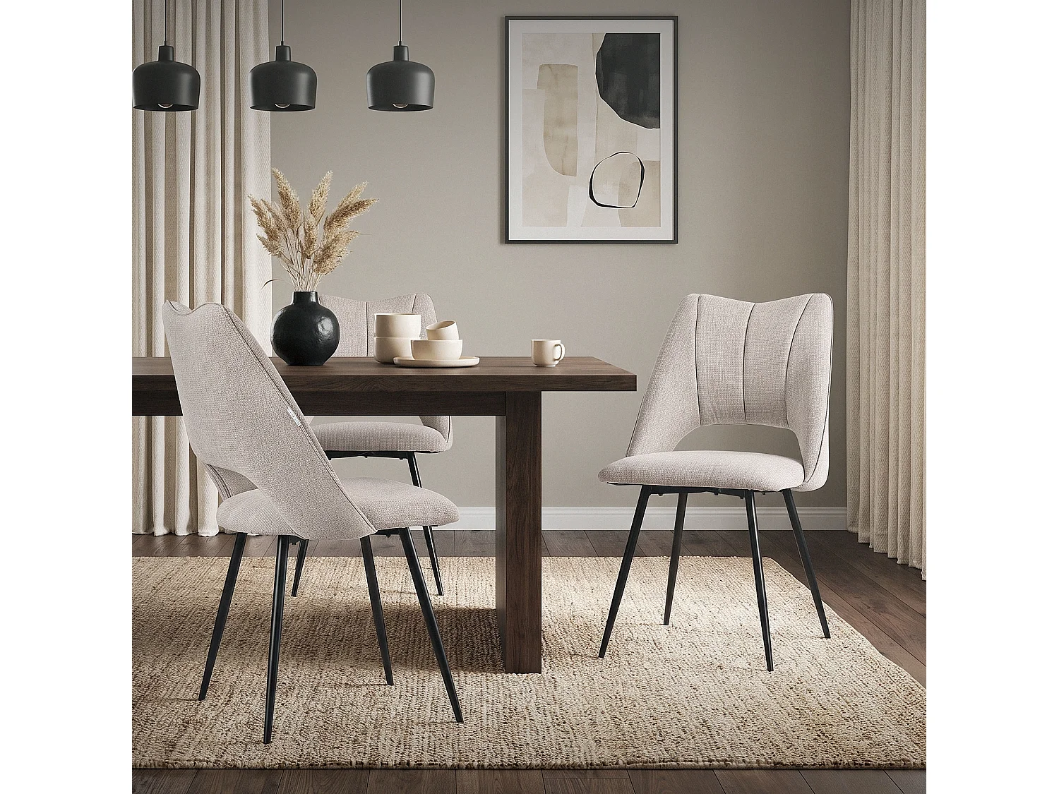 ML-Design Set di 6 sedie beige imbottite per sala da pranzo e cucina, seduta in poliestere, gambe nere in metallo con schienale ergonomico