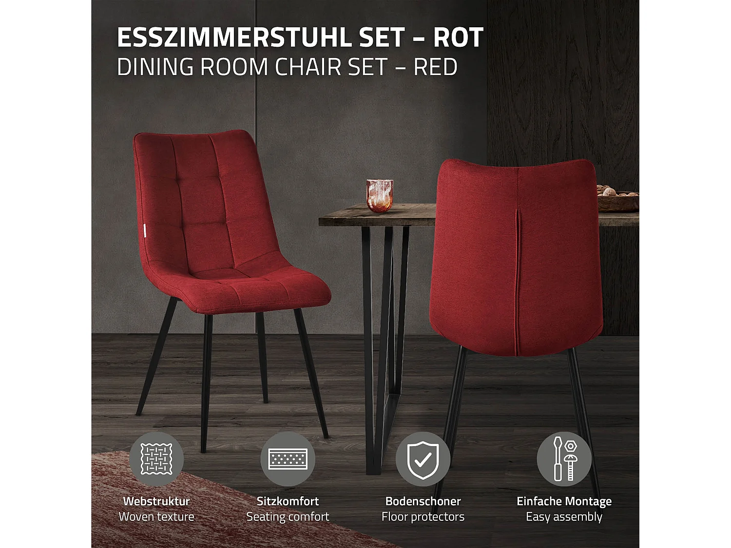 ML-Design Sedia da pranzo set di 6 pezzi rosso, Sedia da salotto con rivestimento in tessuto e gambe in metallo nero