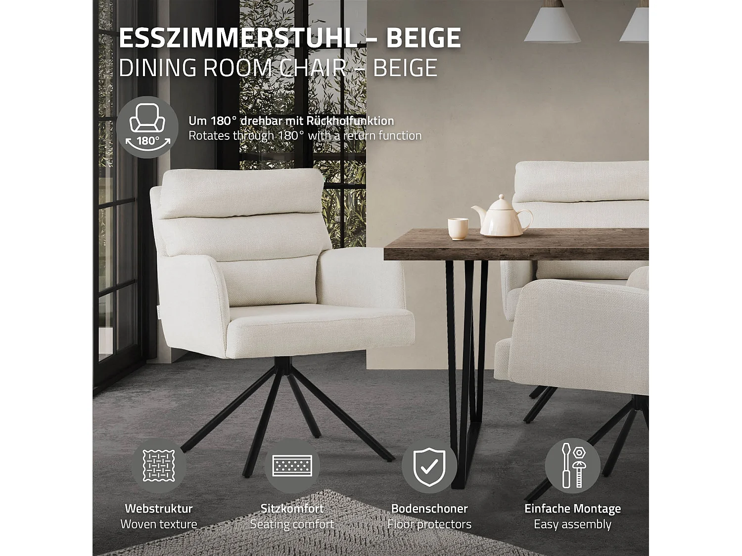 ML-Design Set 4x Poltrona girevole beige sedia da soggiorno con braccioli e schienale poltroncina imbottita con cuscino e rivestimento in poliestere