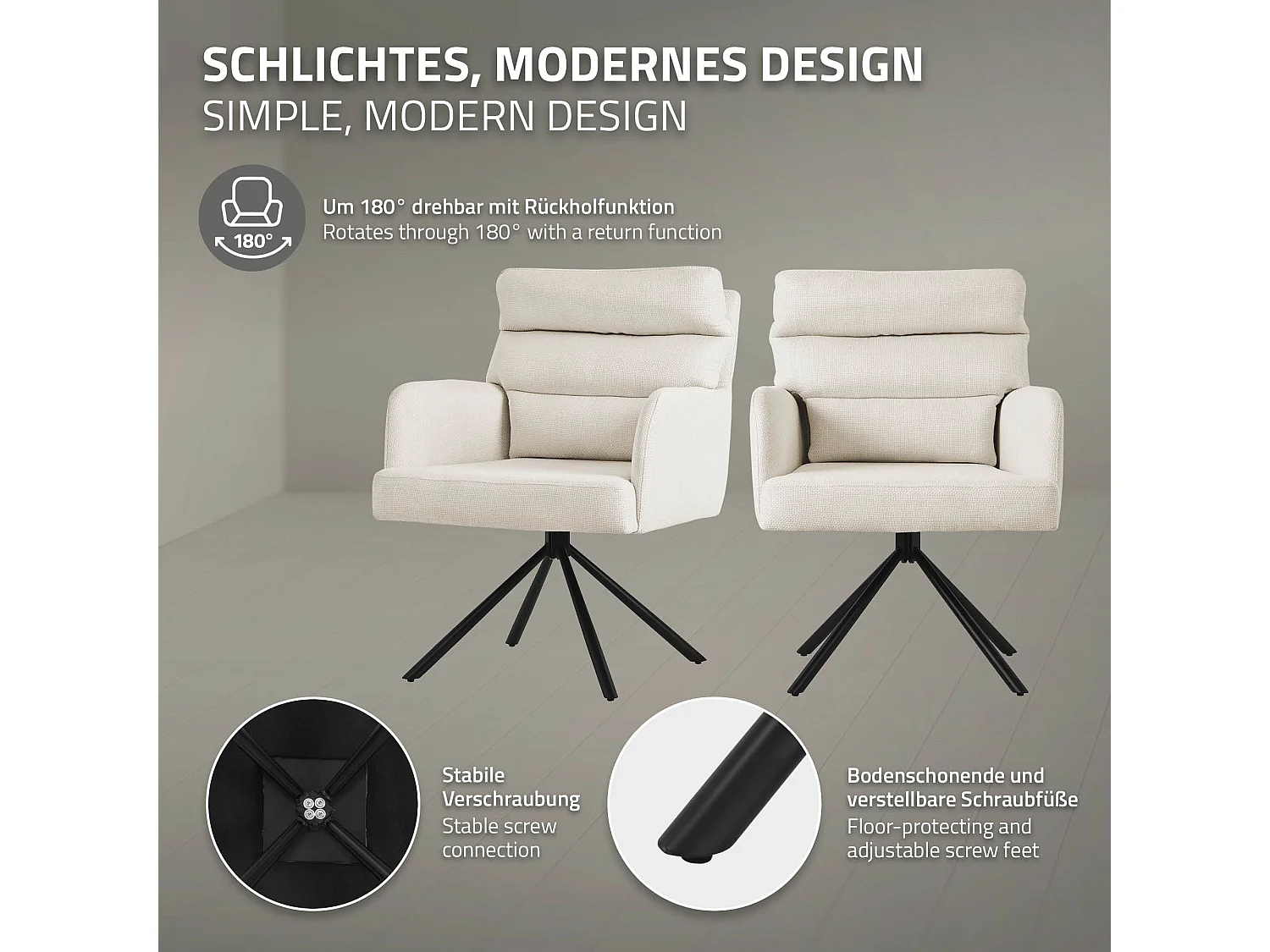 ML-Design Set 4x Poltrona girevole beige sedia da soggiorno con braccioli e schienale poltroncina imbottita con cuscino e rivestimento in poliestere