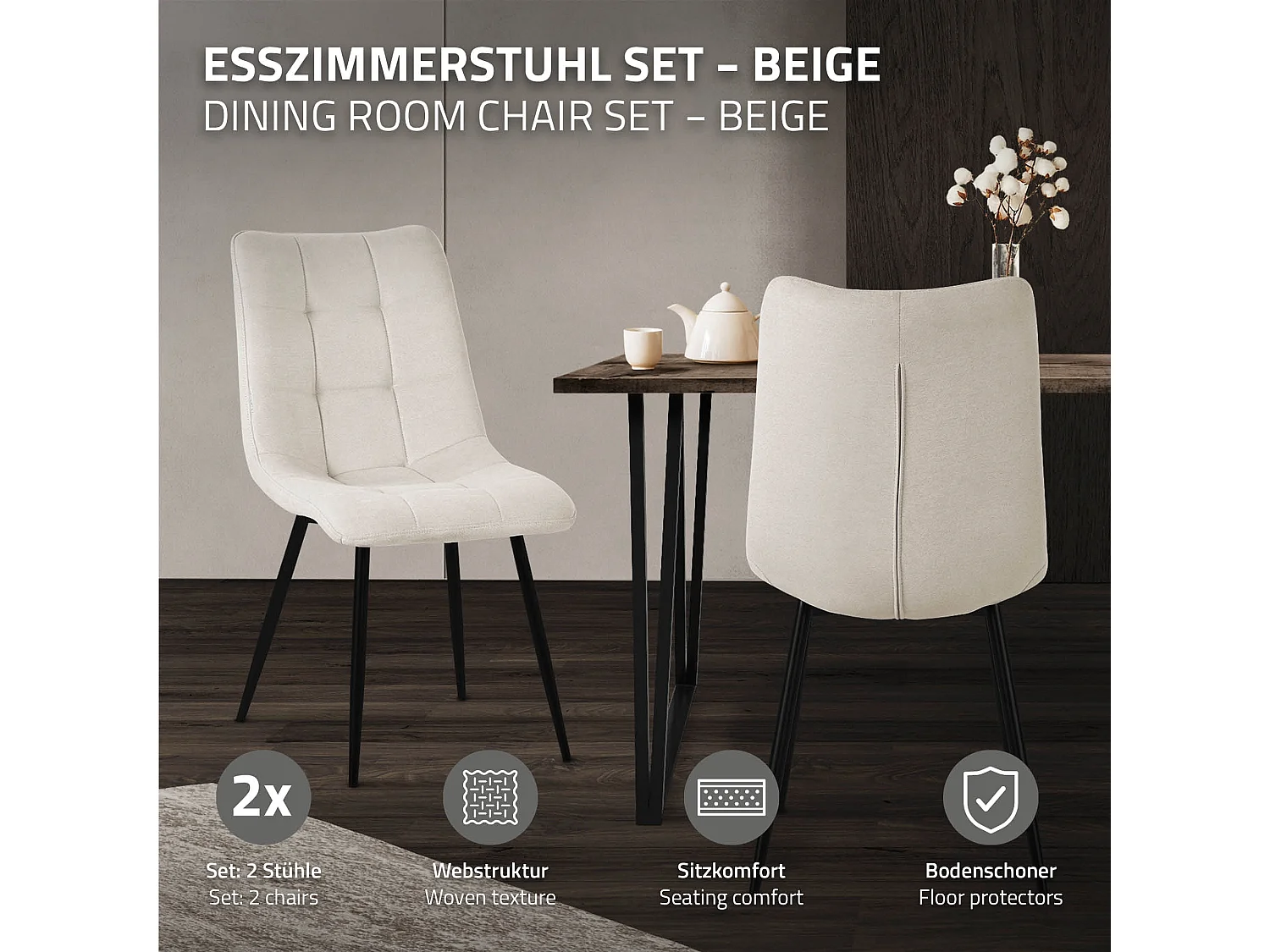 Lot de 4 chaises de salle à manger anthracite assise et dossier rembourrés en éponge tissu polyester ergonomique pieds noir en acier design élégant