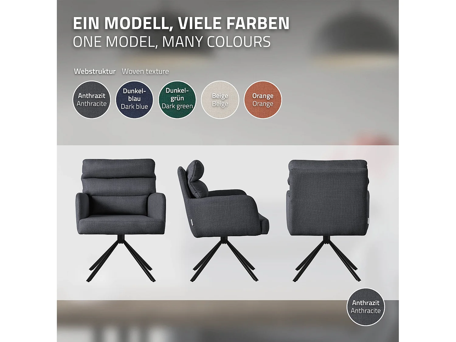 ML-Design Set 4x poltrone girevole antracite sedia da soggiorno braccioli e schienale poltroncina imbottita cuscino e rivestimento in poliestere sedia