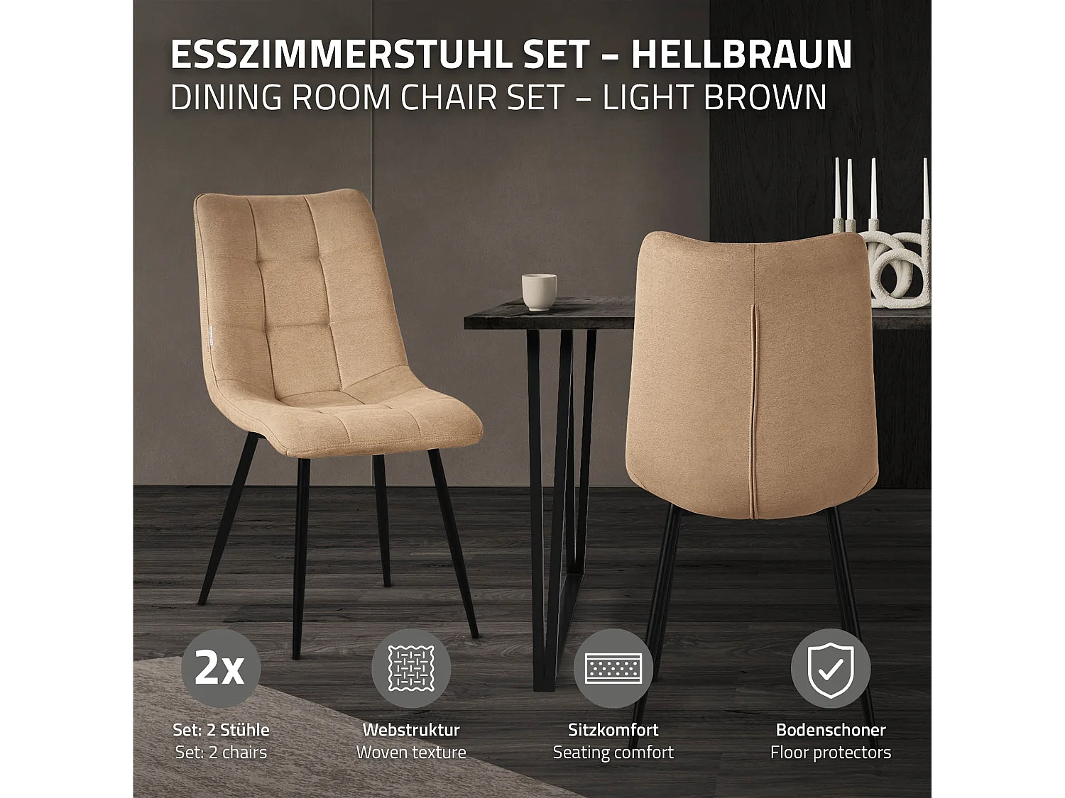 ML-Design 2x Sillas de comedor marrón asiento acolchado tapizado funda de tela suave con respaldo sillón con patas de acero para oficina