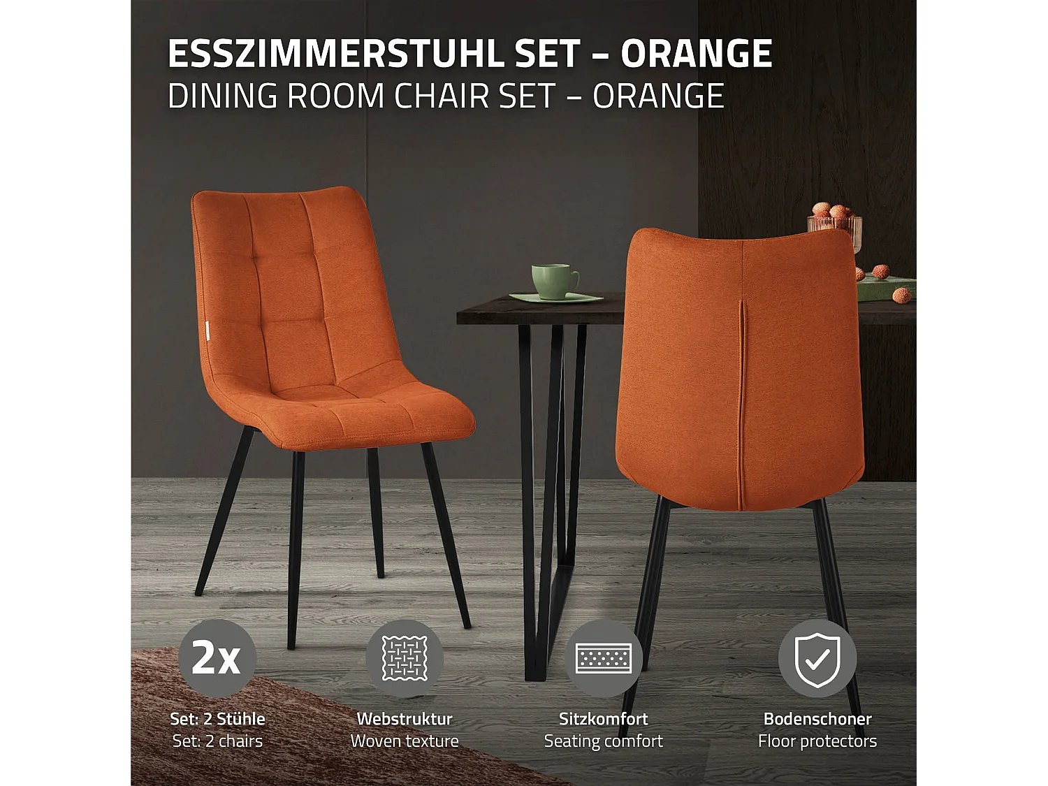 ML-Design Sedia da pranzo set di 2 pezzi arancione, Sedia da salotto con rivestimento in tessuto e gambe in metallo nero