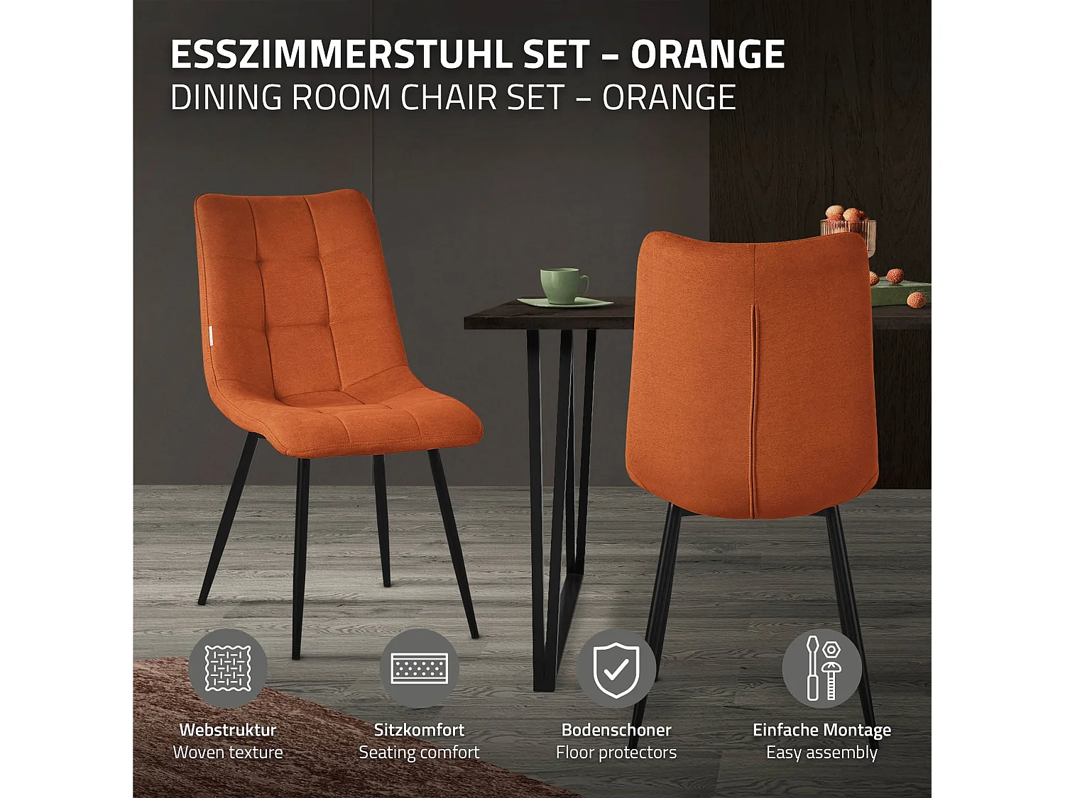 ML-Design Sedia da pranzo set di 2 pezzi arancione, Sedia da salotto con rivestimento in tessuto e gambe in metallo nero