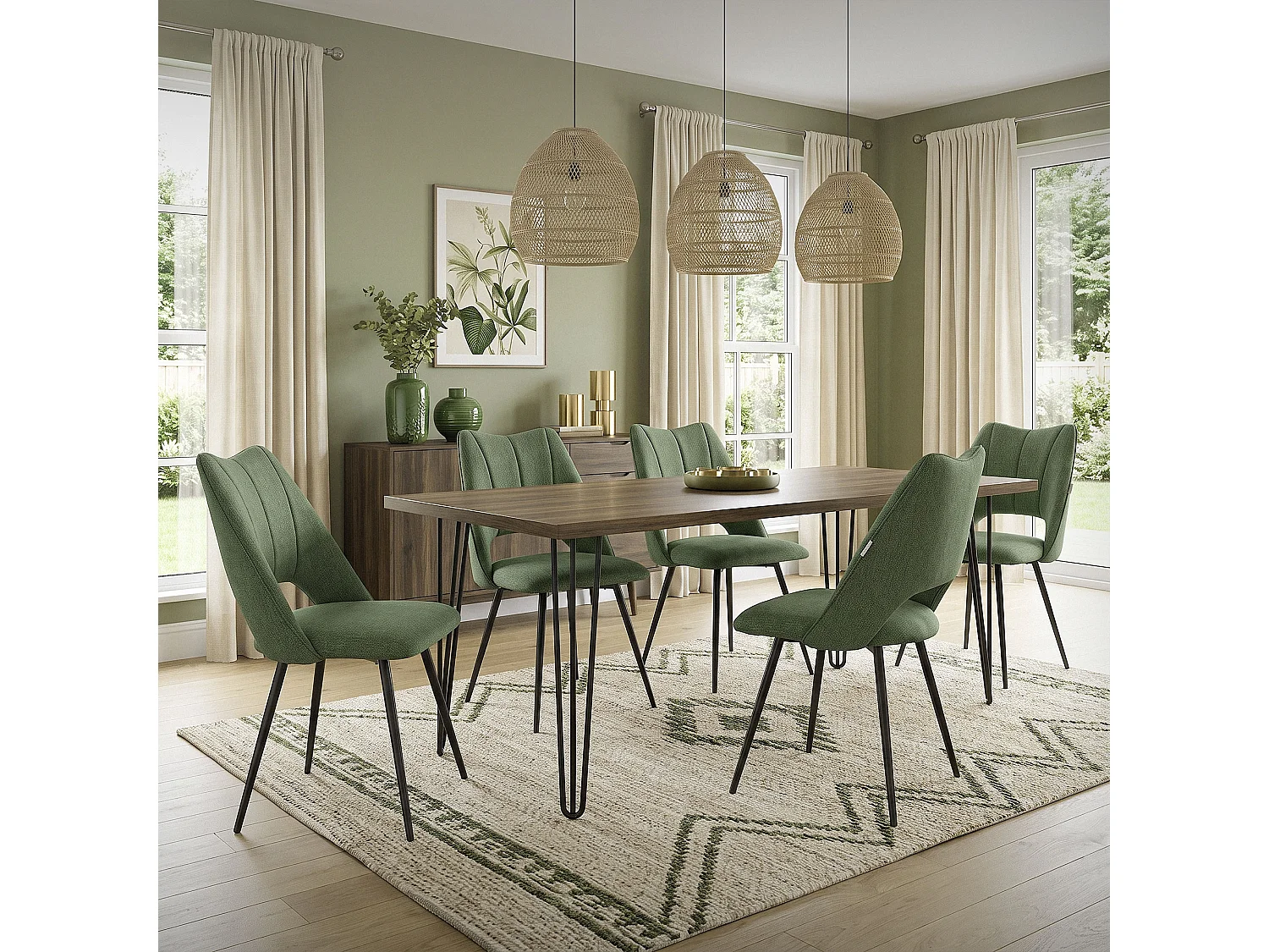ML-Design Set di 6 sedie verde imbottite per sala da pranzo e cucina, seduta in poliestere, gambe nere in metallo con schienale ergonomico