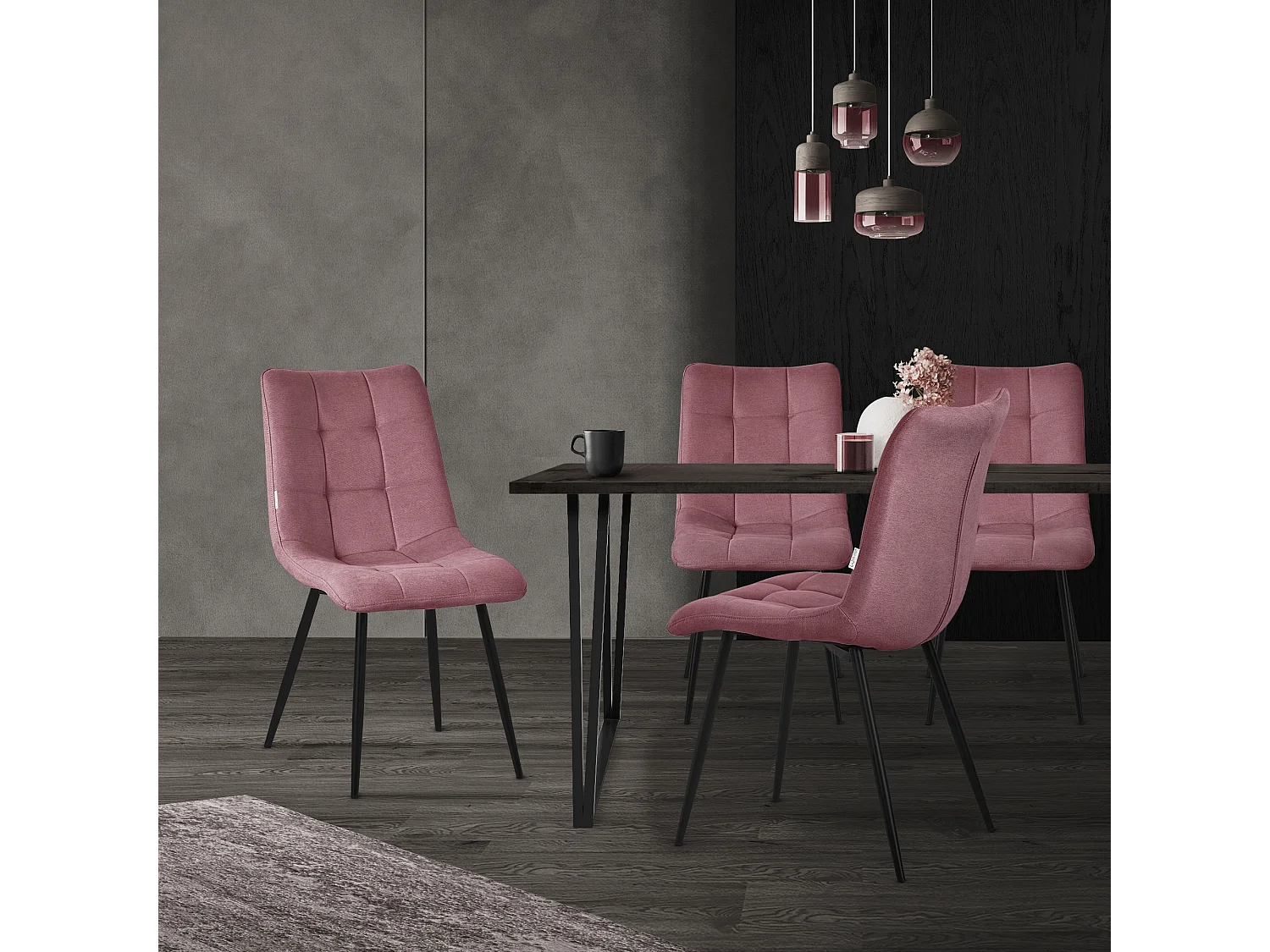 ML-Design Sedia da pranzo set di 2 pezzi Old Rose, Sedia da salotto con rivestimento in tessuto e gambe in metallo nero