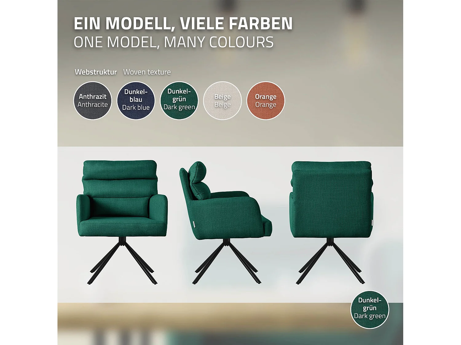 ML-Design Set 4x poltrone girevole verde scuro sedia da soggiorno braccioli e schienale poltroncina imbottita cuscino rivestimento in poliestere sedia