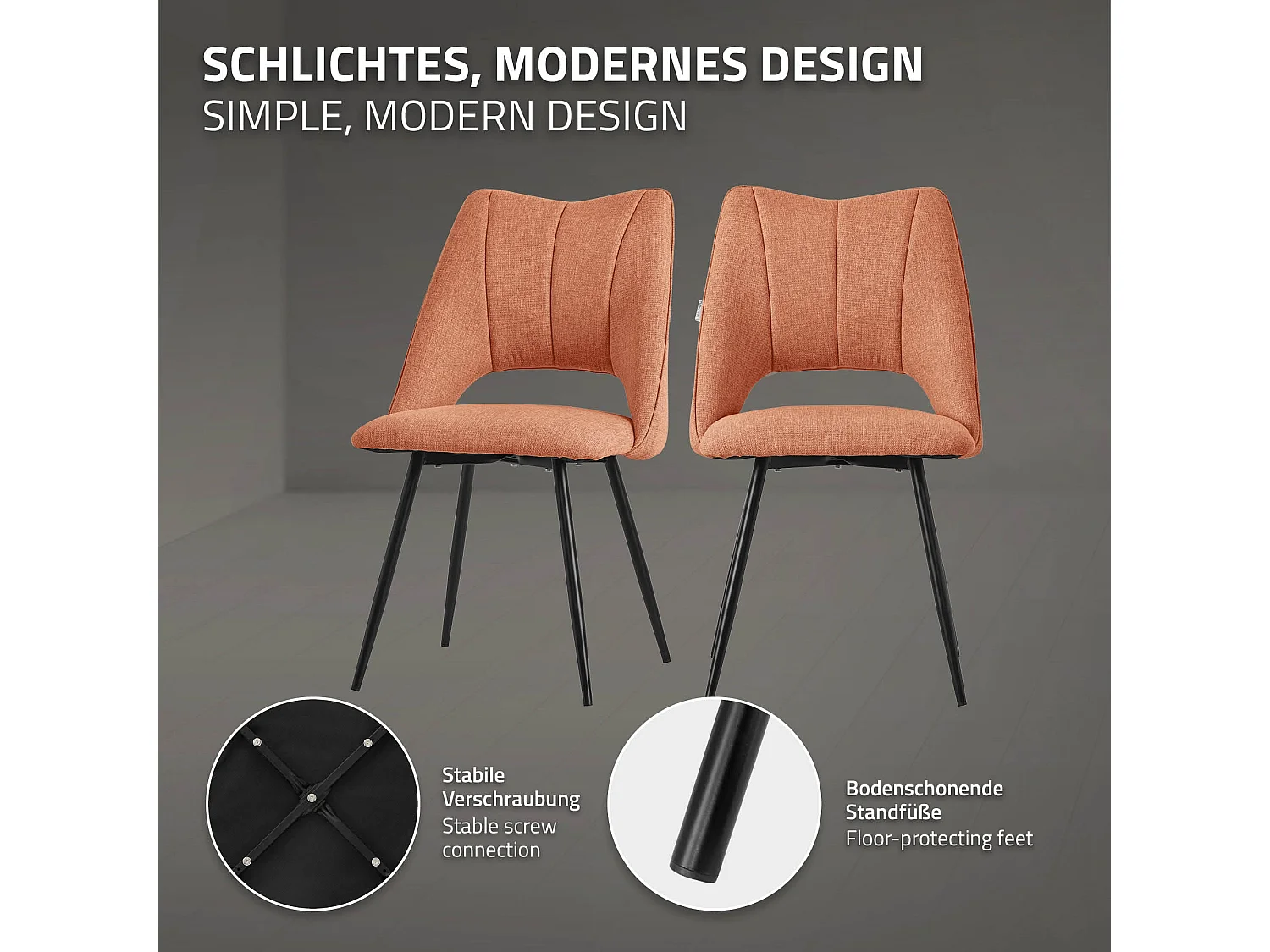 Lot de 6 chaises de salle à manger orange assise ergonomique rembourrage doux en polyester pieds noir en acier revêtu par poudre design élégant