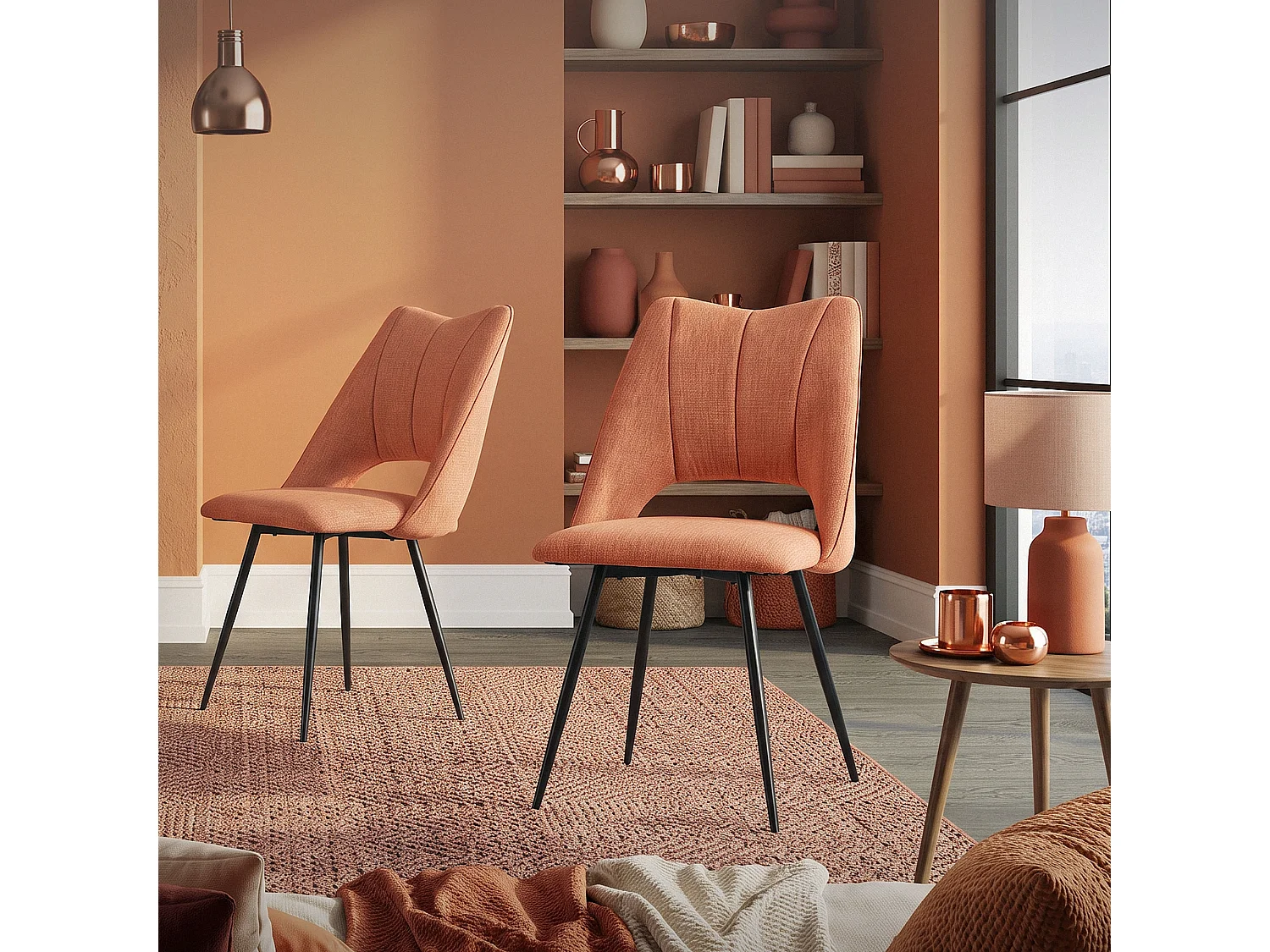 Lot de 6 chaises de salle à manger orange assise ergonomique rembourrage doux en polyester pieds noir en acier revêtu par poudre design élégant