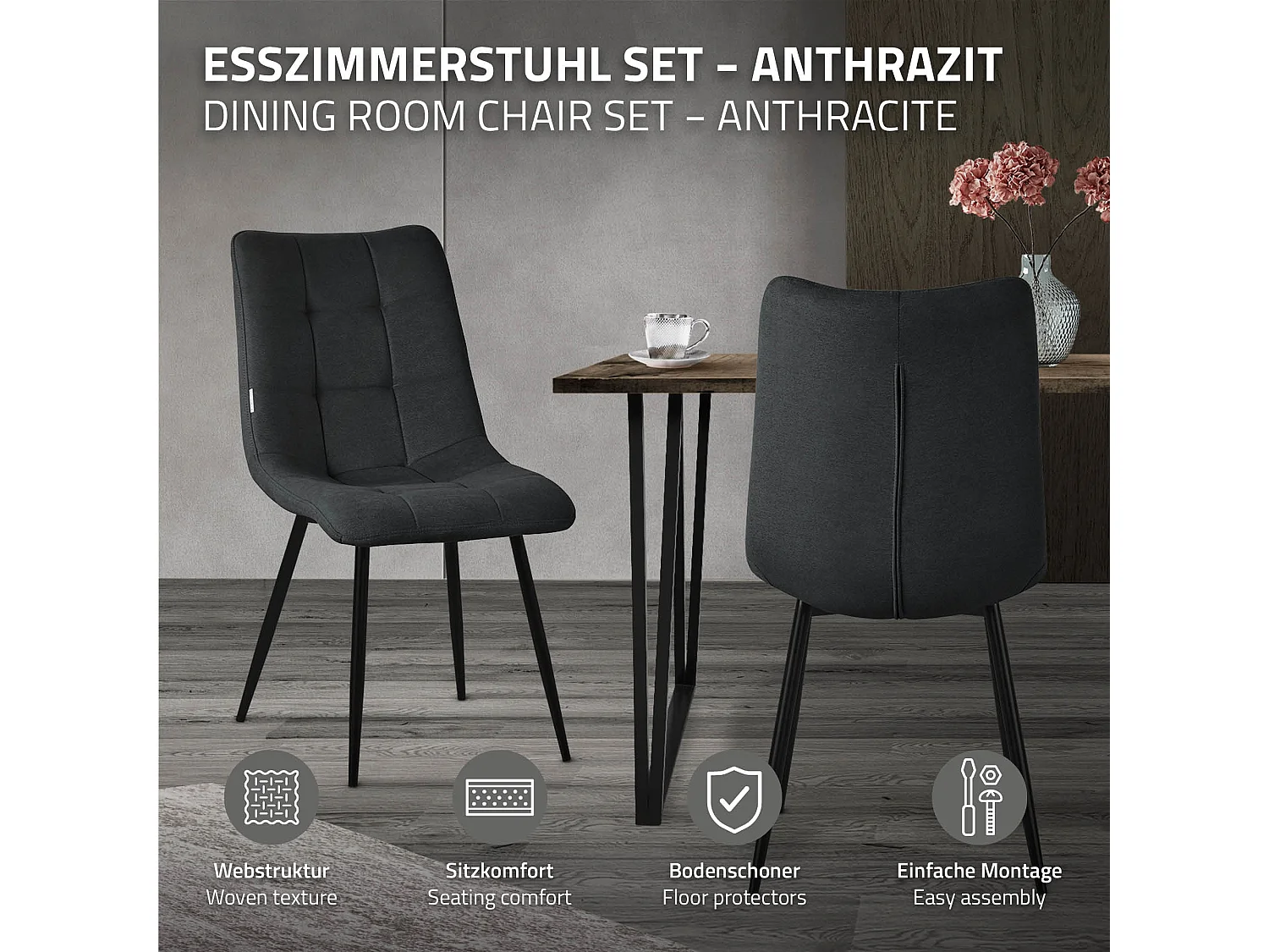 ML-Design Sedia da pranzo set di 2 pezzi Antracite, Poltrona lounge con rivestimento in tessuto