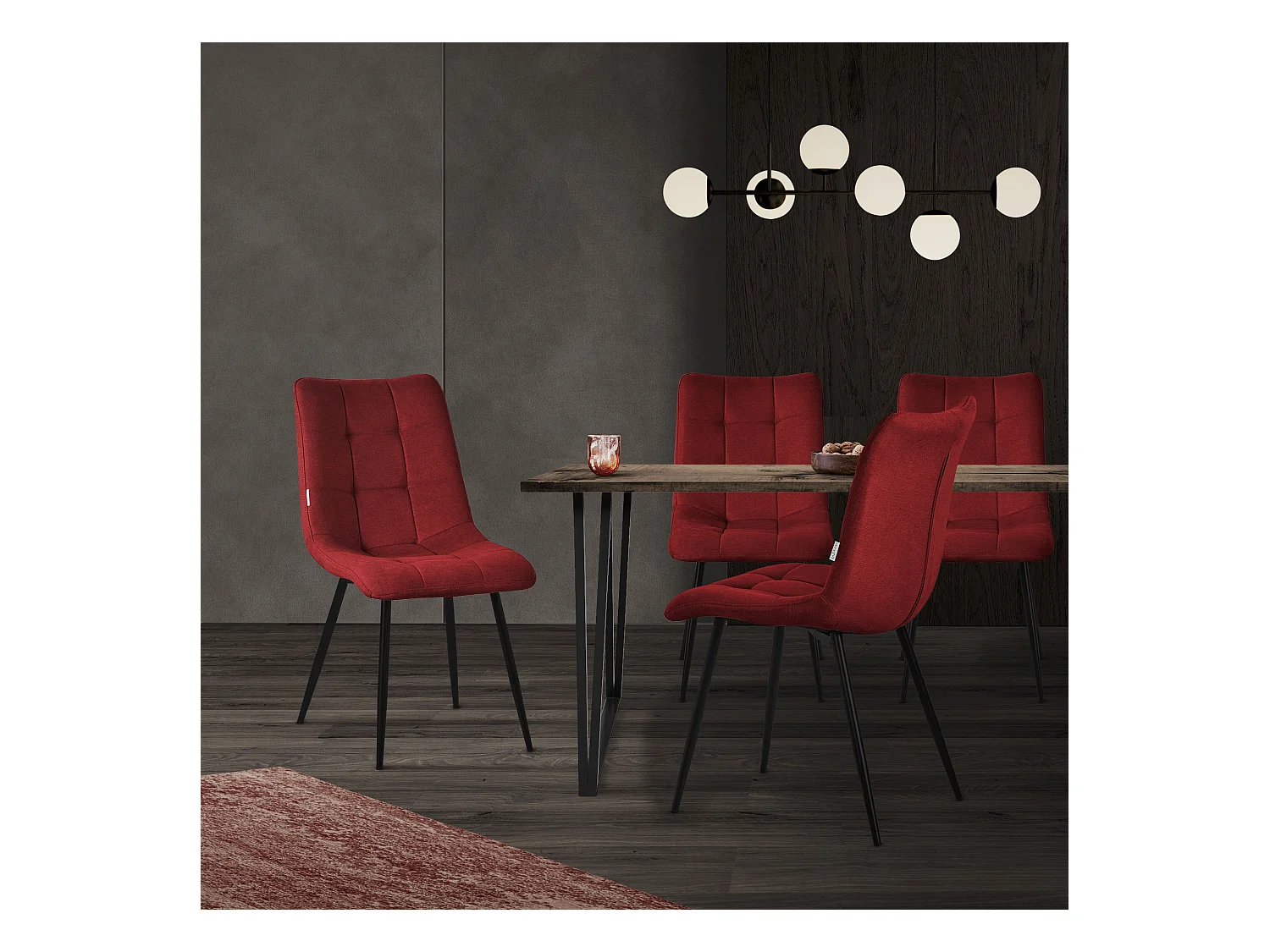ML-Design Chaise de salle à manger set de 2 pièces rouge, Chaise de salon avec revêtement en tissu et pieds métalliques noirs