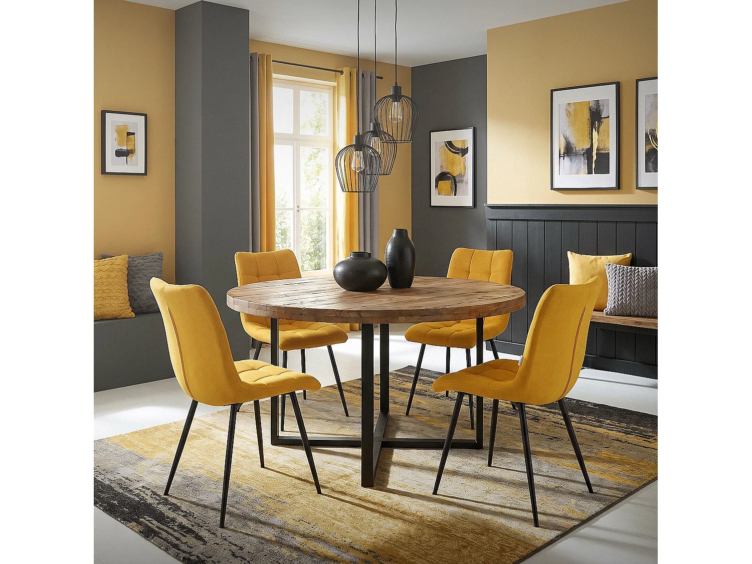 Lot de 6 chaises de salle à manger marron clair assise et dossier rembourrés en éponge tissu polyester ergonomique pieds noir en acier design élégant