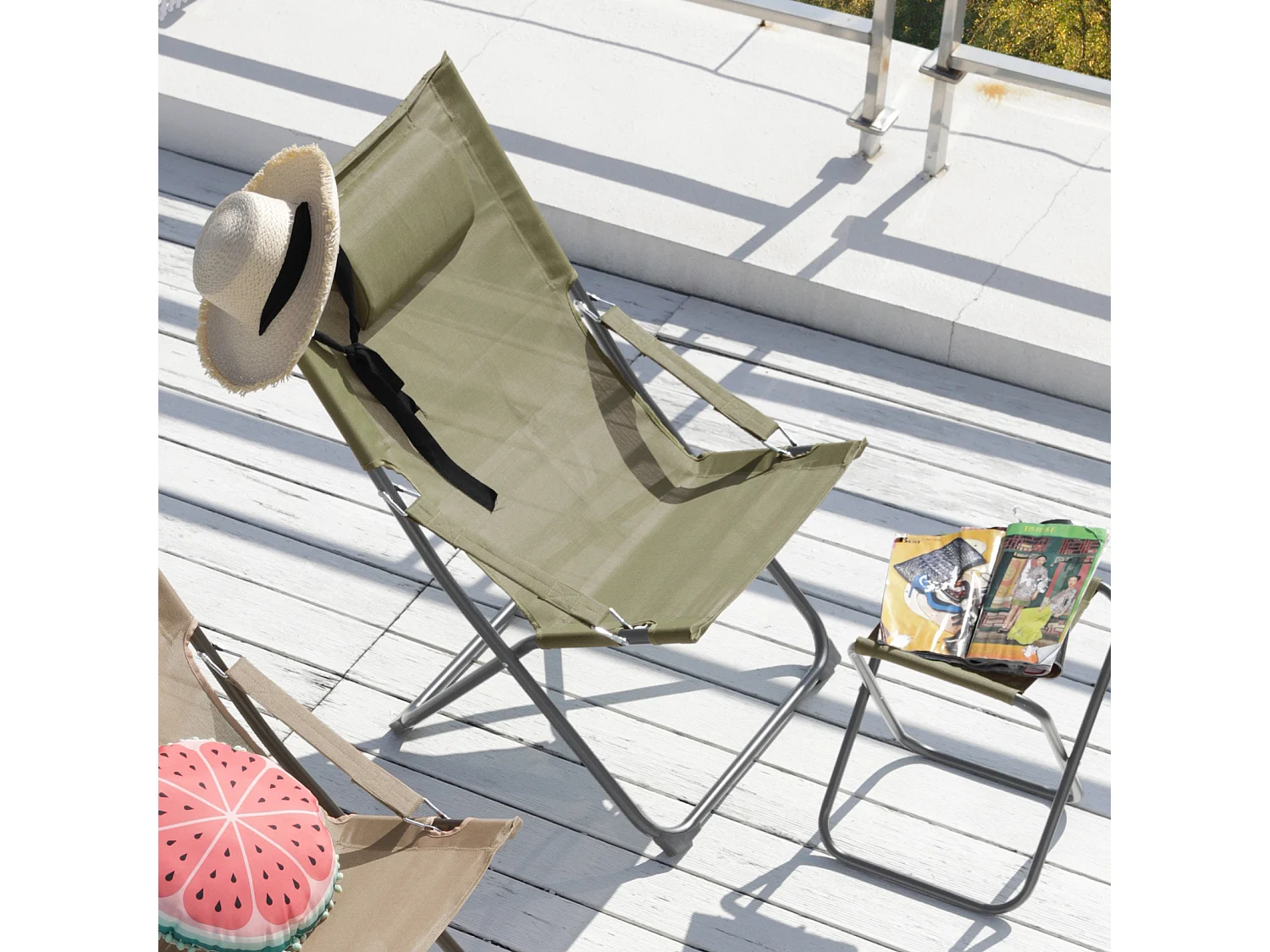 SVITA TOMRA chaise longue avec tabouret chaise de plage pliante chaise de camping oreiller vert