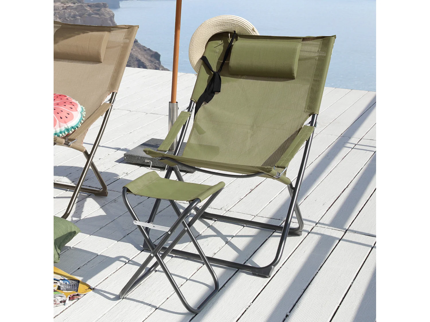 SVITA TOMRA chaise longue avec tabouret chaise de plage pliante chaise de camping oreiller vert