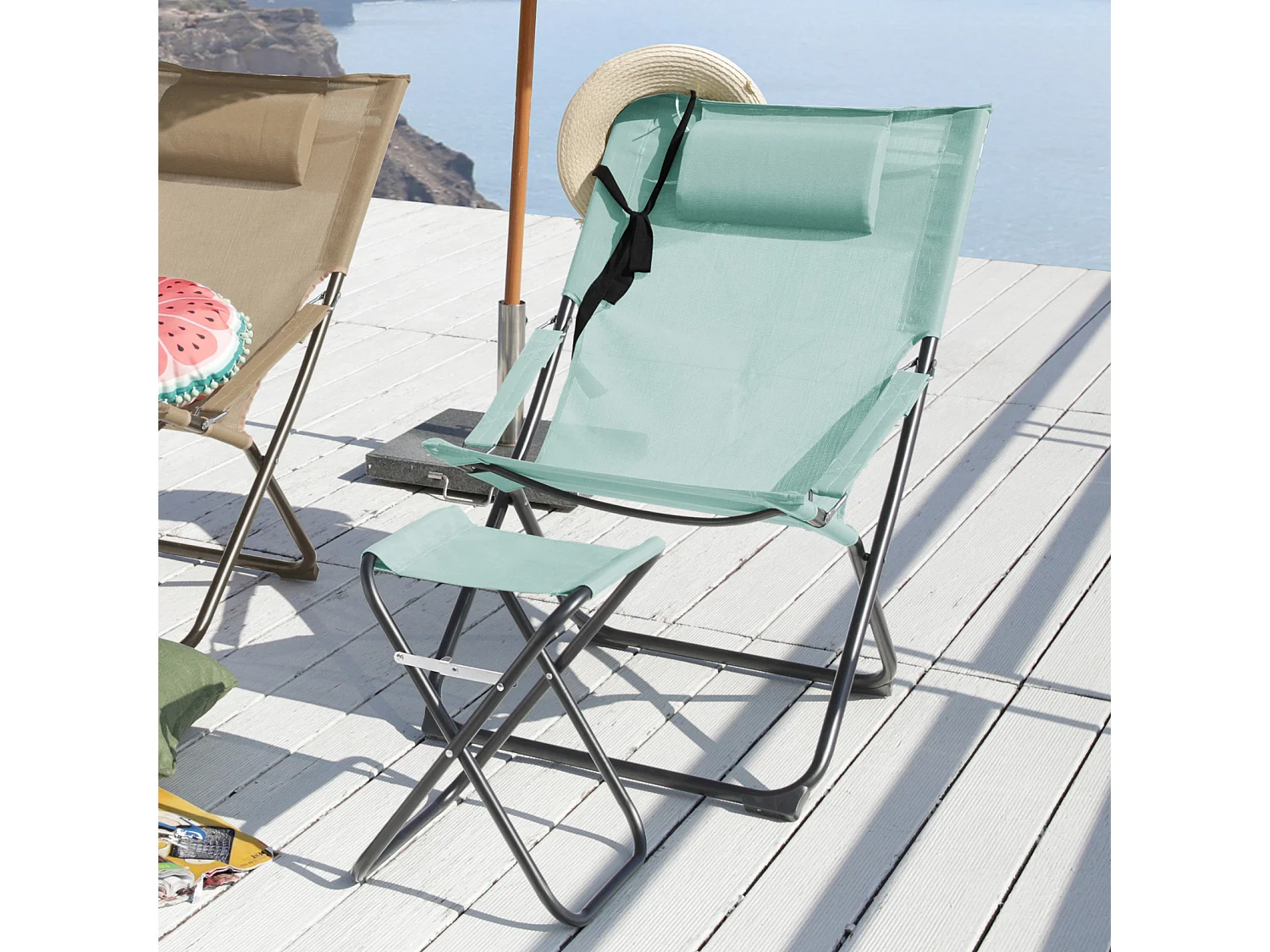 SVITA TOMRA chaise longue avec tabouret chaise de plage pliante chaise de camping chaise de piscine oreiller bleu