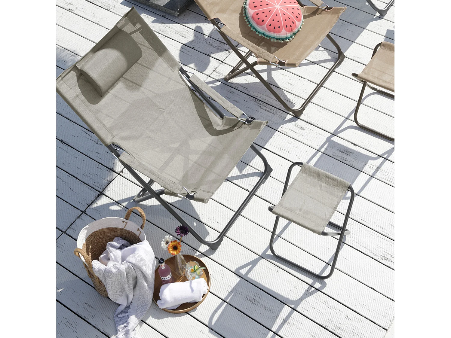 SVITA TOMRA chaise longue avec tabouret chaise de plage pliante chaise de camping chaise de piscine oreiller gris clair