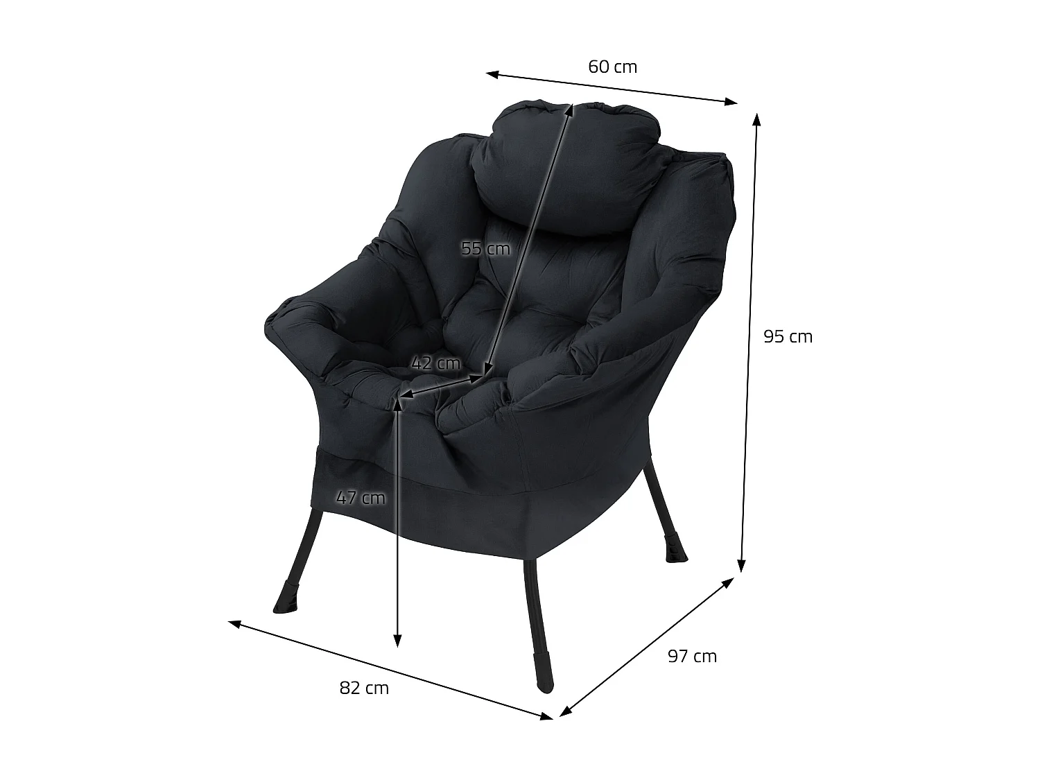 ML-Design Fauteuil relax noir, Fauteuil de salon avec accoudoirs &amp; poche latérale