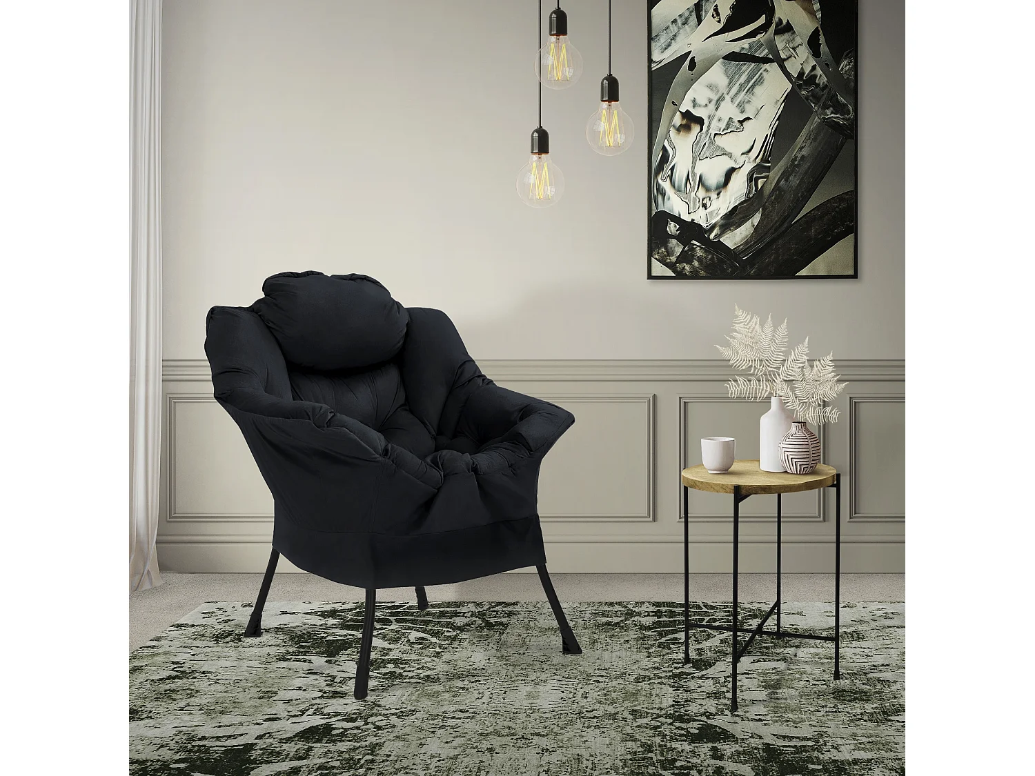 ML-Design Fauteuil relax noir, Fauteuil de salon avec accoudoirs &amp; poche latérale