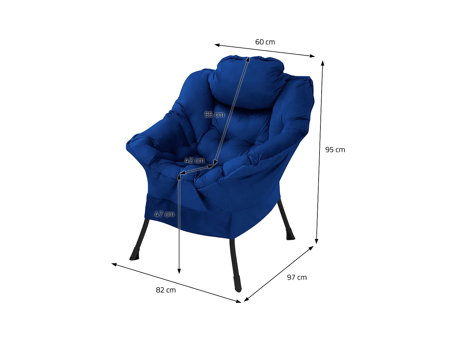 ML-Design Sillón reclinable azul oscuro, Sillón con reposabrazos y bolsillo lateral
