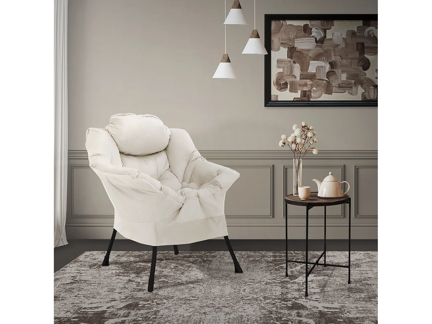 ML-Design Sillón relax crema, Sillón lounge con reposabrazos y bolsillo lateral, Sillón TV con cojín