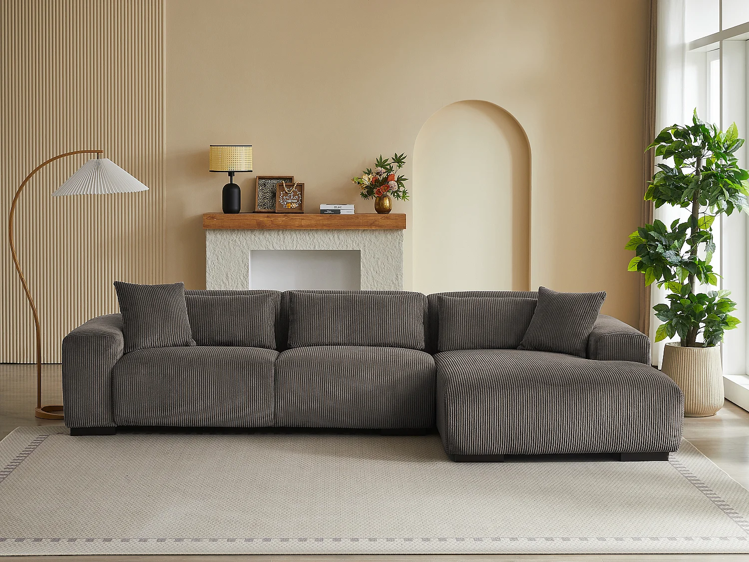 Sofá rinconera derecha en terciopelo acanalado taupe OVENTINO de Maison Céphy