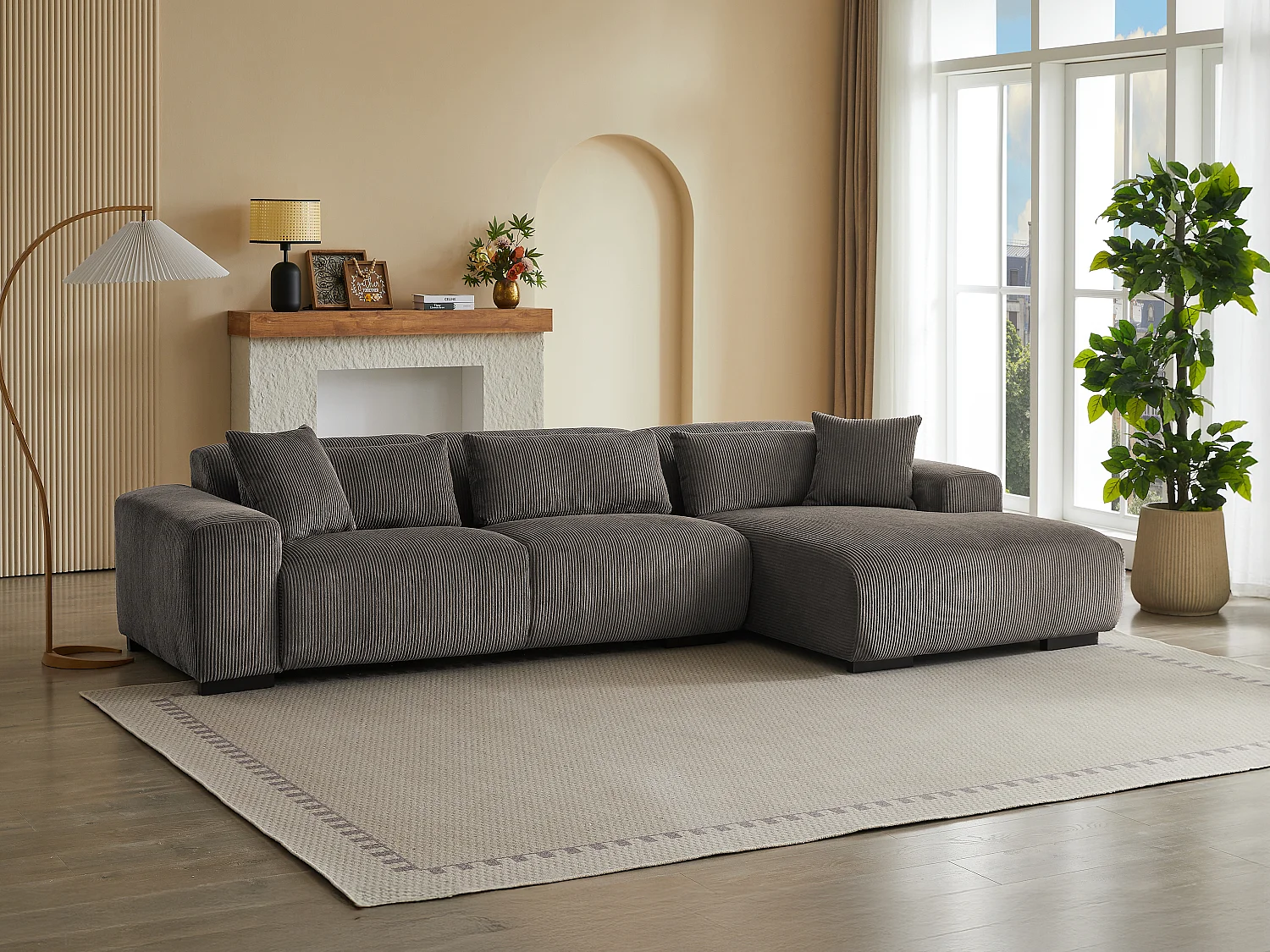 Canapé d'angle droit en velours côtelé taupe OVENTINO de Maison Céphy