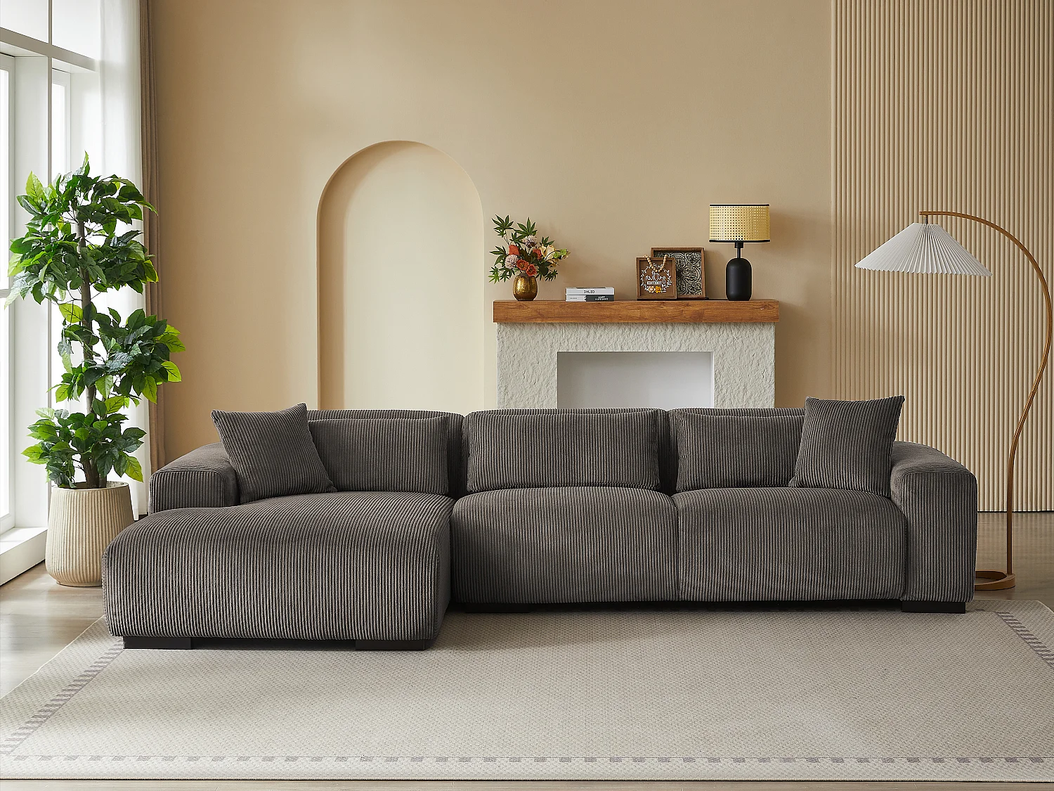 Canapé d'angle gauche en velours côtelé taupe OVENTINO de Maison Céphy