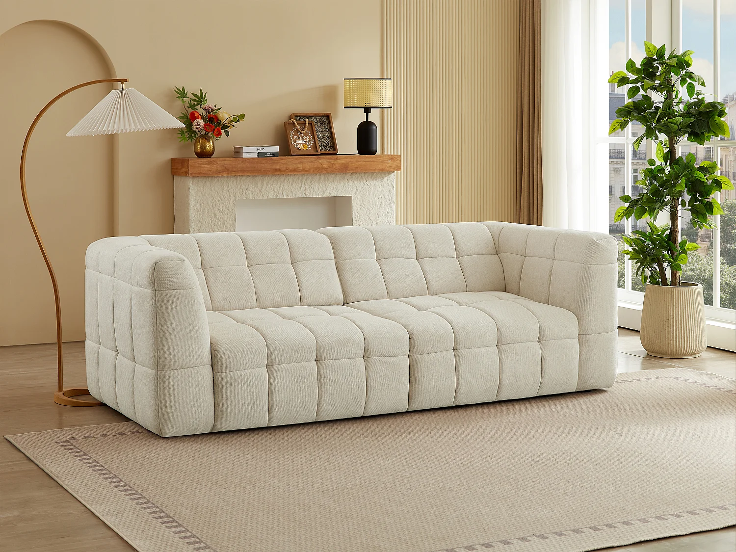 Canapé 3 places avec assise coulissante électrique en tissu texturé beige NELOSA