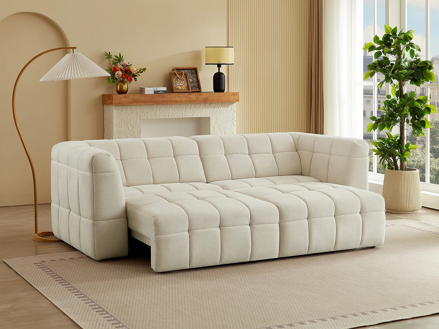 Canapé 3 places avec assise coulissante électrique en tissu texturé beige NELOSA