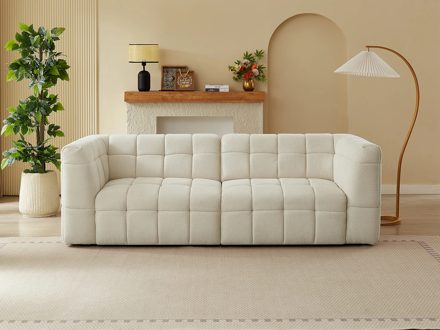 Canapé 3 places avec assise coulissante électrique en tissu texturé beige NELOSA